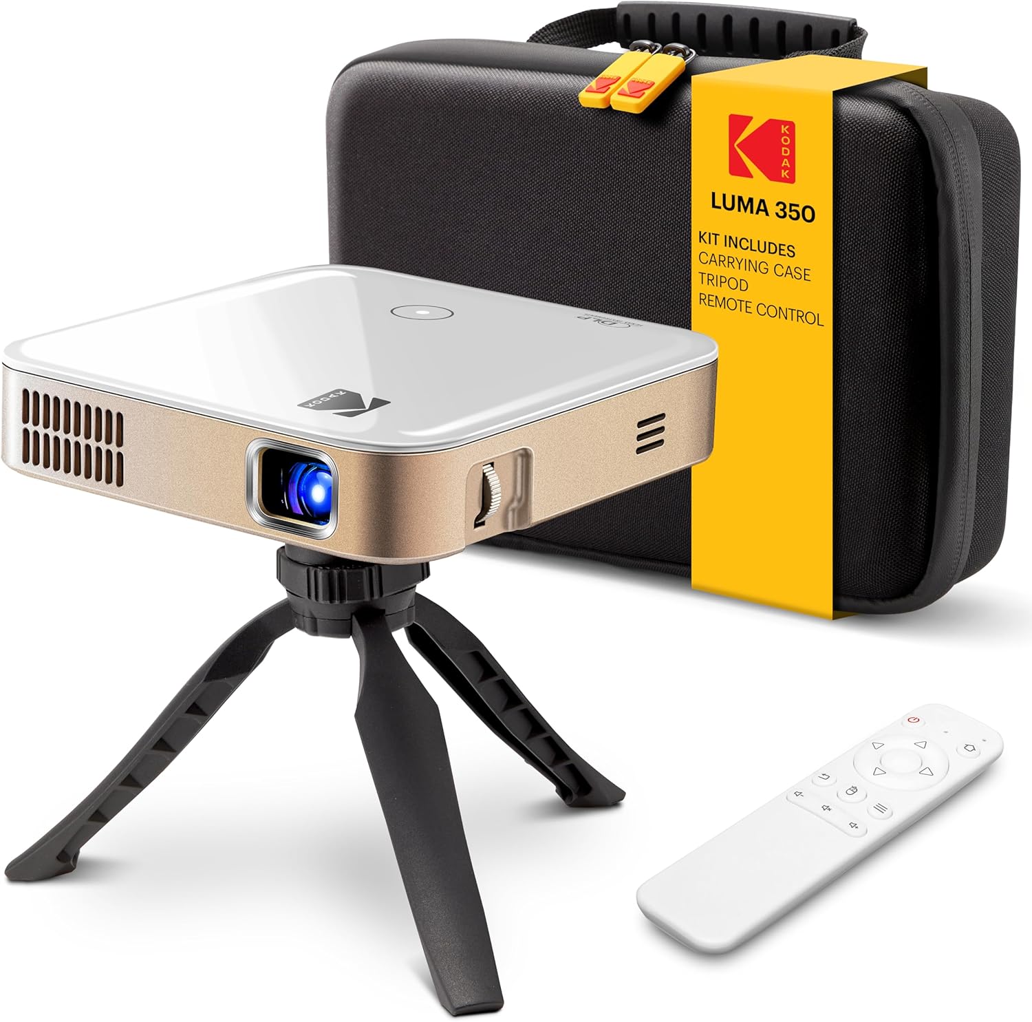 KODAK 350 Smart Mini Portable Projector Kit - White, Tripod & EVA Case - Android OS, Apps & 4K Support - 200 Lumens & Auto Keystone - Miracast, HDMI & USB Ports, Projector with Wi-Fi & Bluetooth