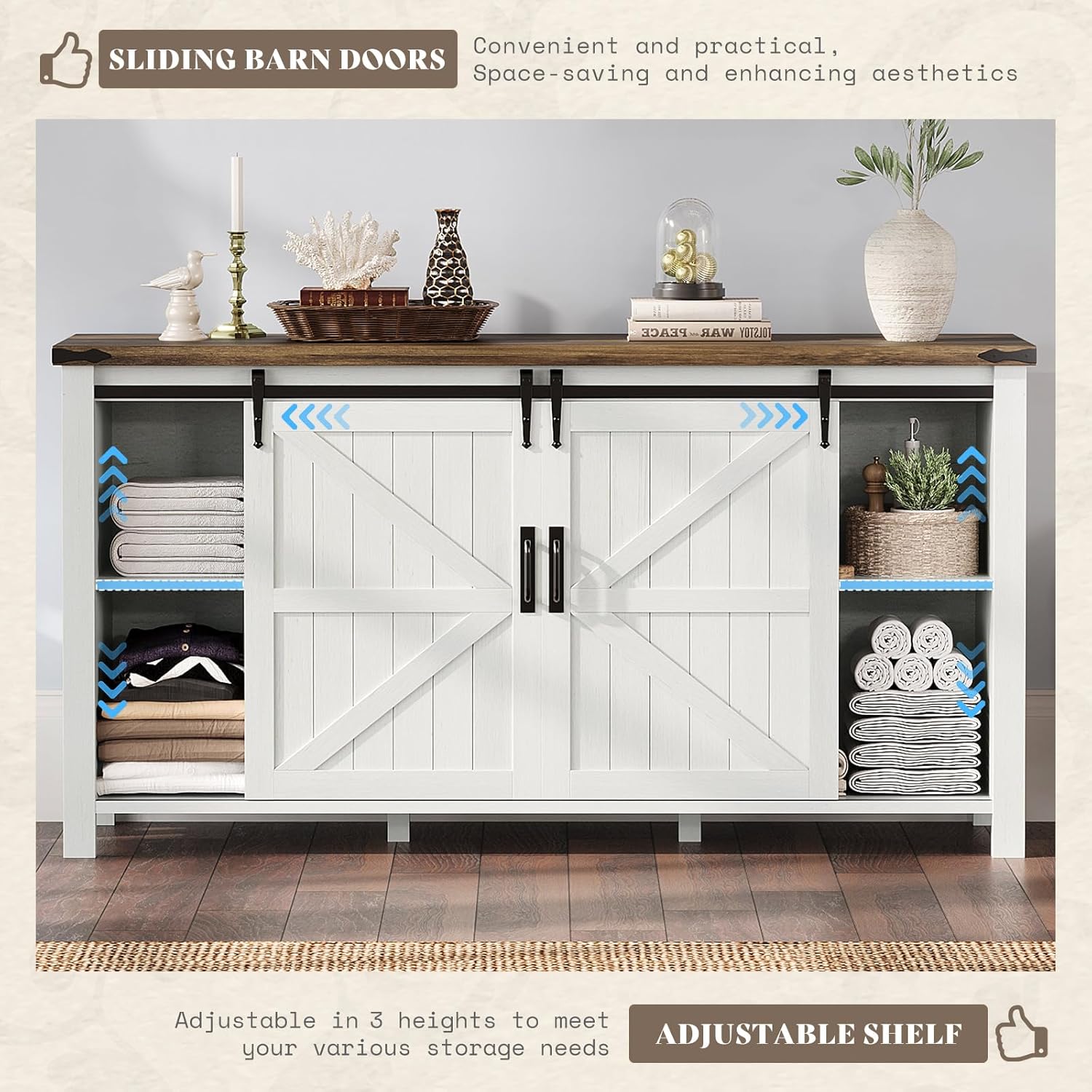 AMERLIFE 5-Piece Farmhouse Bedroom Furniture Set, Dresser & Nightstand Set of 2 with Storage Cabinet & Sideboard, Sliding Barn Door Wood Bedroom Set for Bedroom/Living Room, Distressed White