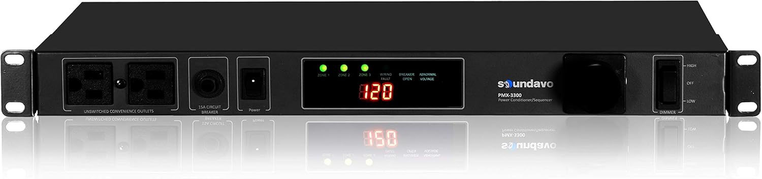 PMX-3300 Power Conditioner and Surge Sequencer 10 Protected Outlets and 3 Zones 15A with LED Voltmeter Display & Pullout Light
