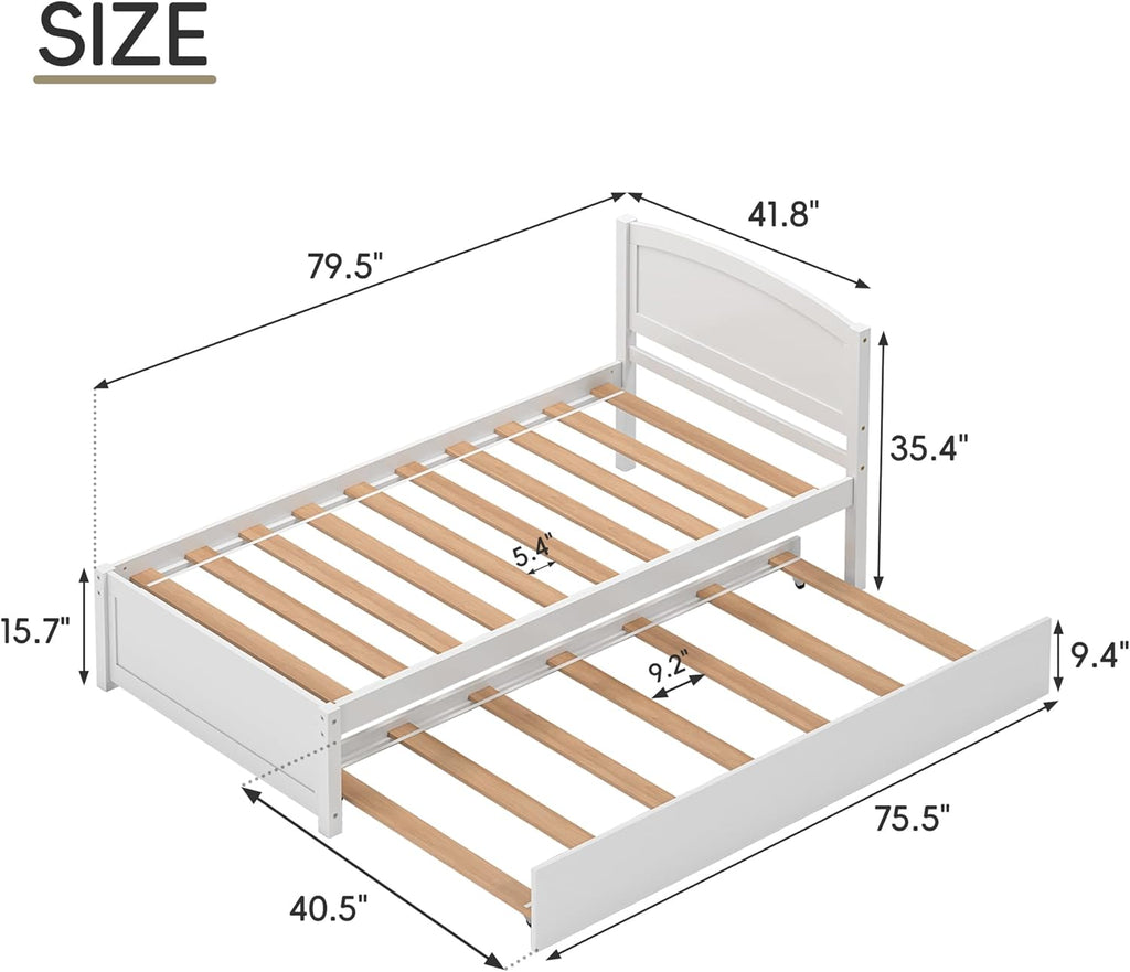 Twin Trundle Bed, Solid Wooden Pull Out Bedframe, Extendable Day Bed with Headboard and Soild Wood Slats Support, Bedroom, Living Room, Guest Room, No Box Spring Needed (White)