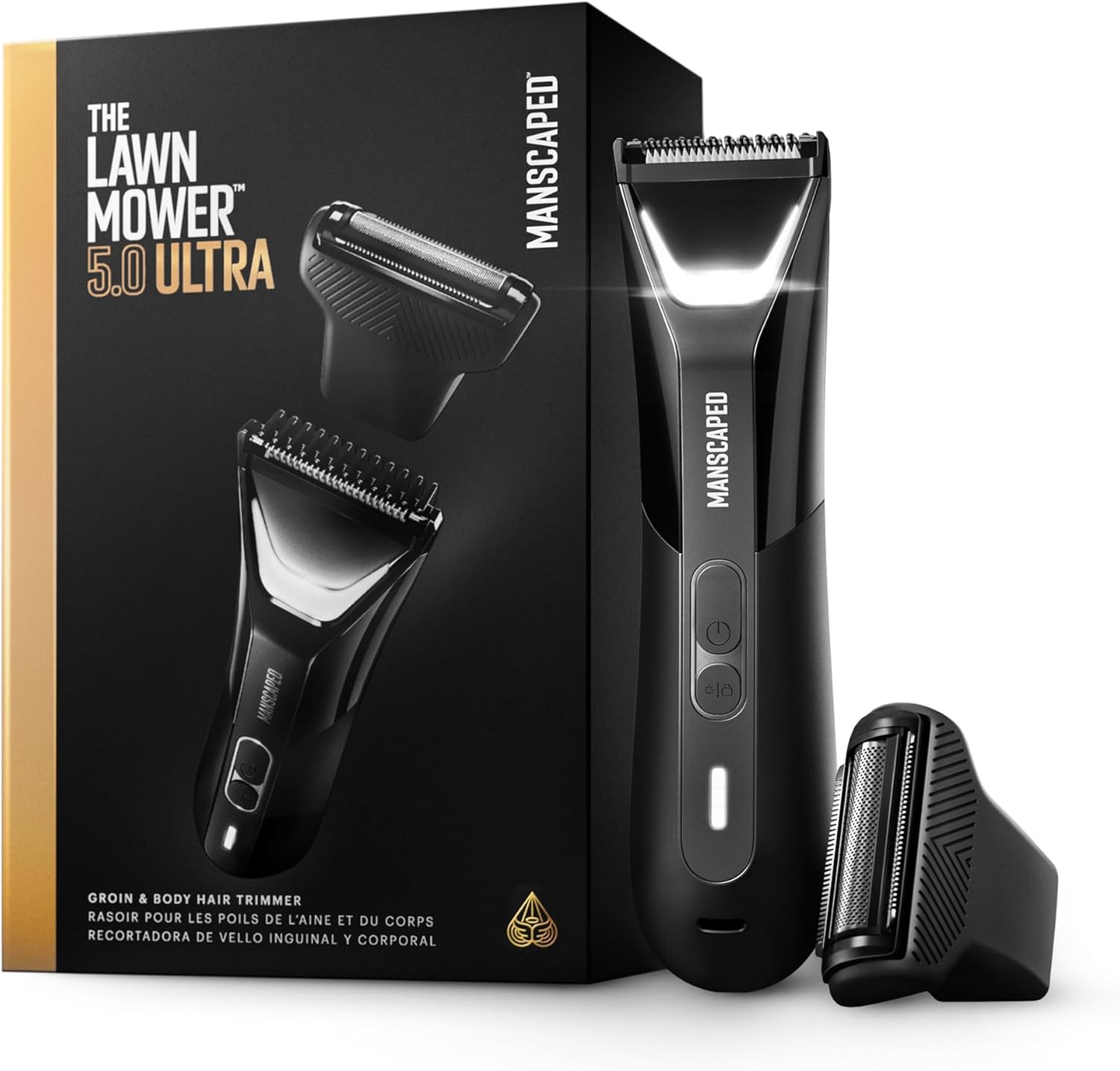 MANSCAPED® The Lawn Mower® 5.0 Ultra Groin & Body Hair Trimmer – Dual-Head SkinSafe® Trimmer & Foil Blades, Waterproof Wet/Dry Groomer, USB-C Rechargeable with Travel Case, Men's Ball Shaver, Black