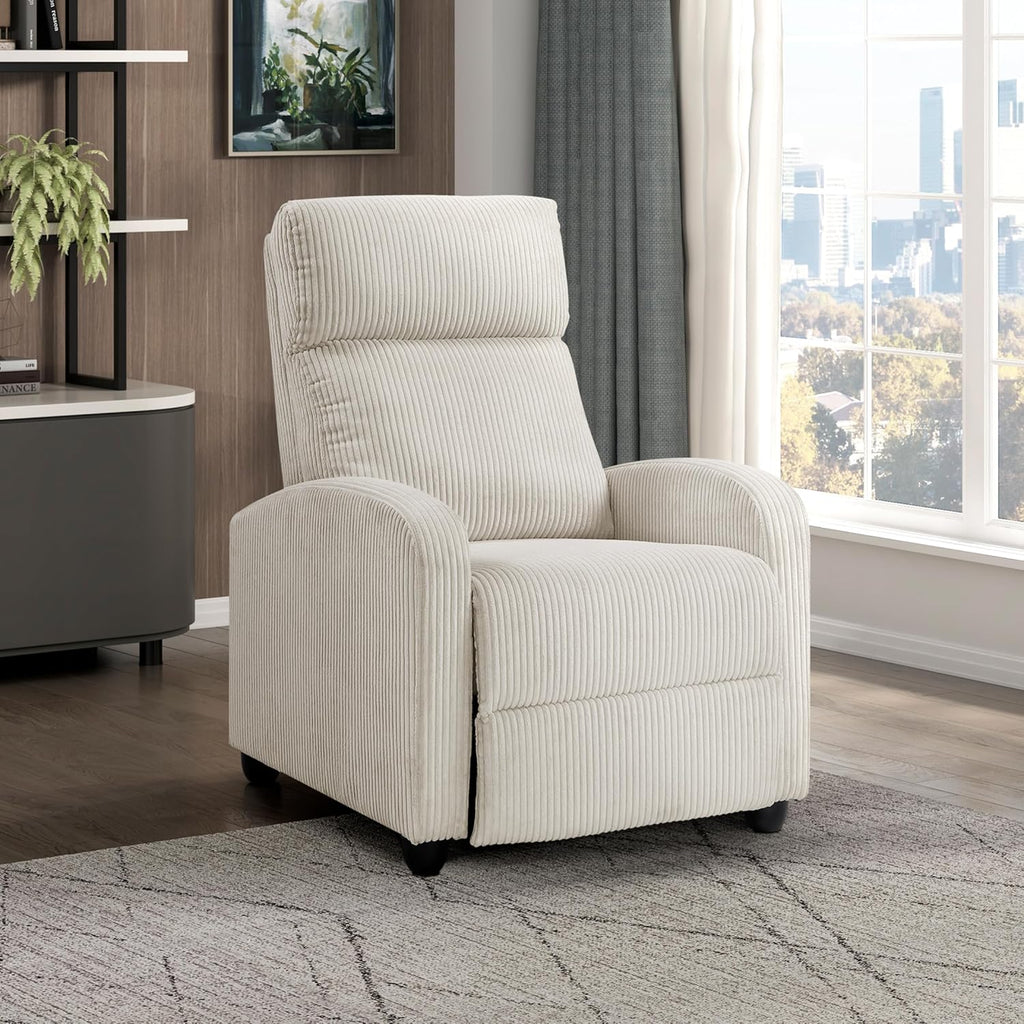 Lexicon Corduroy Pushback Recliner Chair Armchair Push Back Recliner, Solid Wood Frame and Metal Base, Easy Assembly Small Soft Single Sofa Accent Chair for Living Room/Office/Apartment, Beige