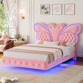 Keyluv Full Bed Frame Butterfly-Pattern Upholstered Headboard, Modern Floating Bed with LED Lights Button Tufted on Headboard and Footboard, Slats Support No Box Spring Needed, Noise-Free, Pink