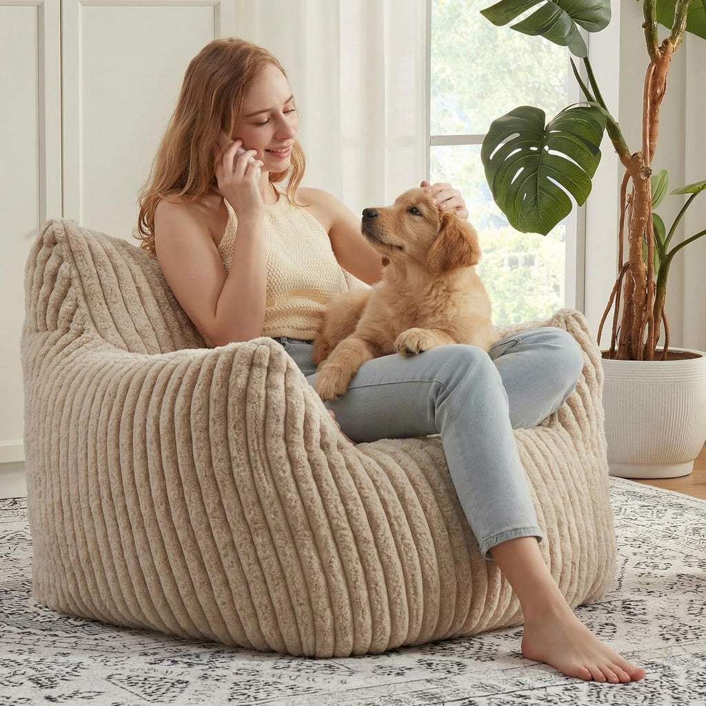 Giant Bean Bag Chairs for Adults Teens with Filling Large Fluffy Bean Bag Chair with Armrests Plush Comfy BeanBag Couch Sofa Chair for Bedroom Living Room Reading