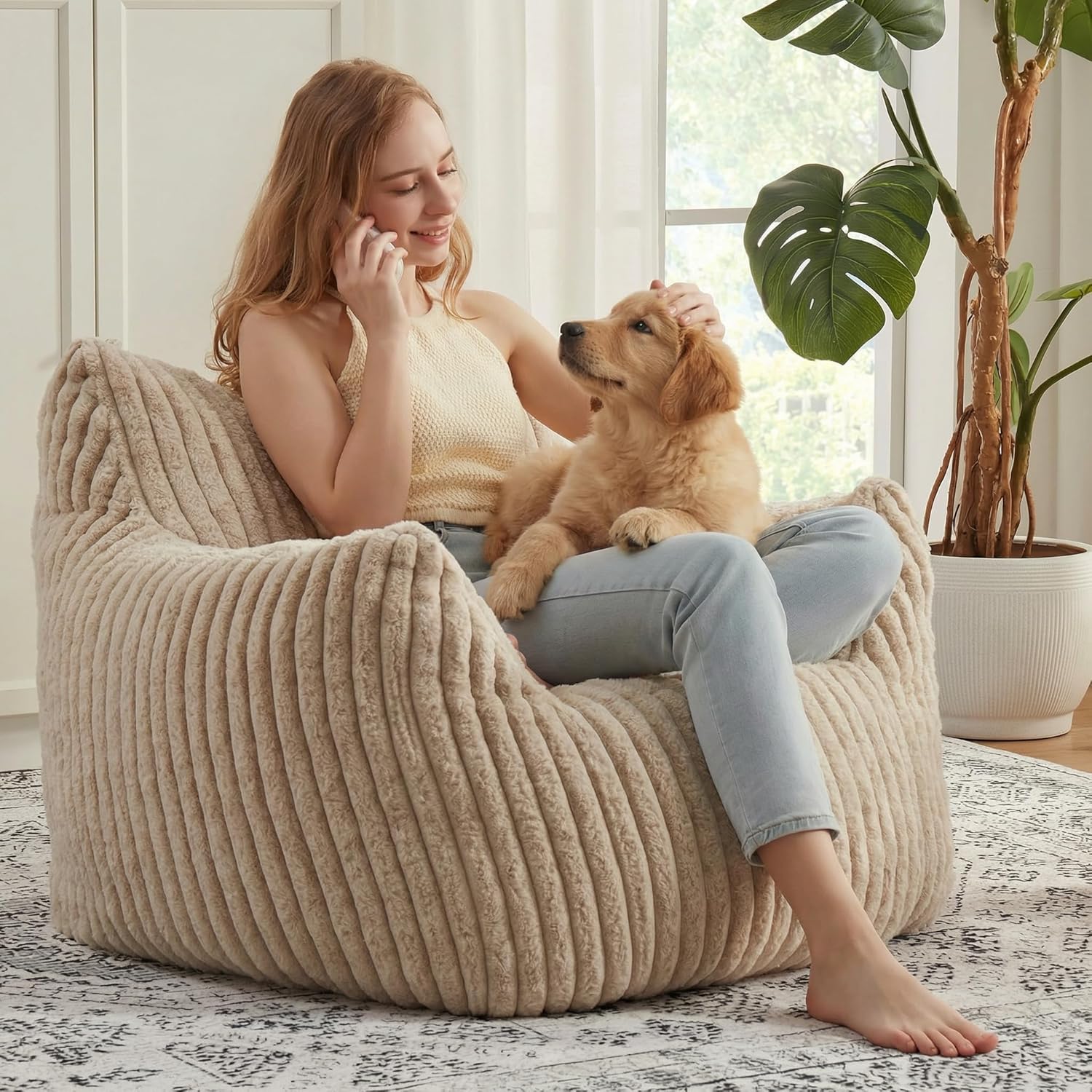 Giant Bean Bag Chairs for Adults Teens with Filling Large Fluffy Bean Bag Chair with Armrests Plush Comfy BeanBag Couch Sofa Chair for Bedroom Living Room Reading