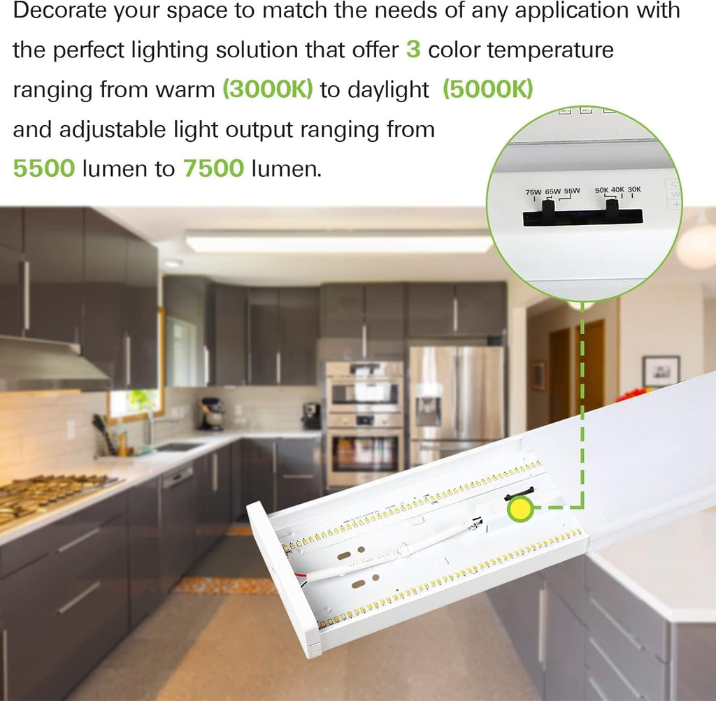 4 Pack 4FT LED Wraparound Light with 3 Wattages/3 Lumens/3 CCT Selectable, 55W/65W/75W, 5500lm/6500lm/7500lm, 3000K/4000K/5000K, 4 Foot LED Wrap Light Fixture, Flush Mount Office Ceiling Light, ETL