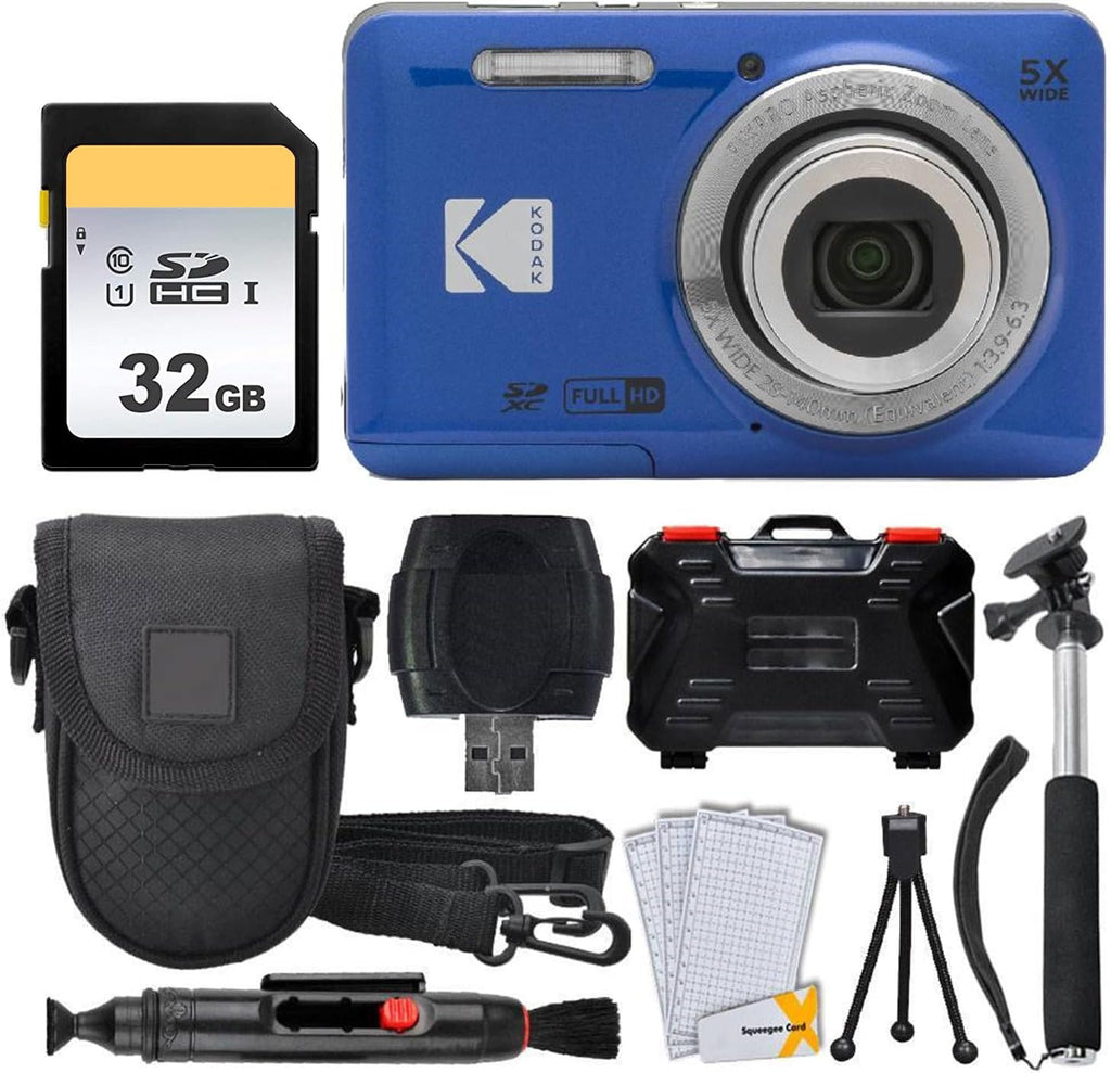 Kodak PIXPRO FZ55 Digital Camera (Blue) + 32GB Memory Card + Point and Shoot Camera Case + Extendable Monopod + Lens Cleaning Pen + LCD Screen Protectors + Table Top Tripod – Ultimate Bundle
