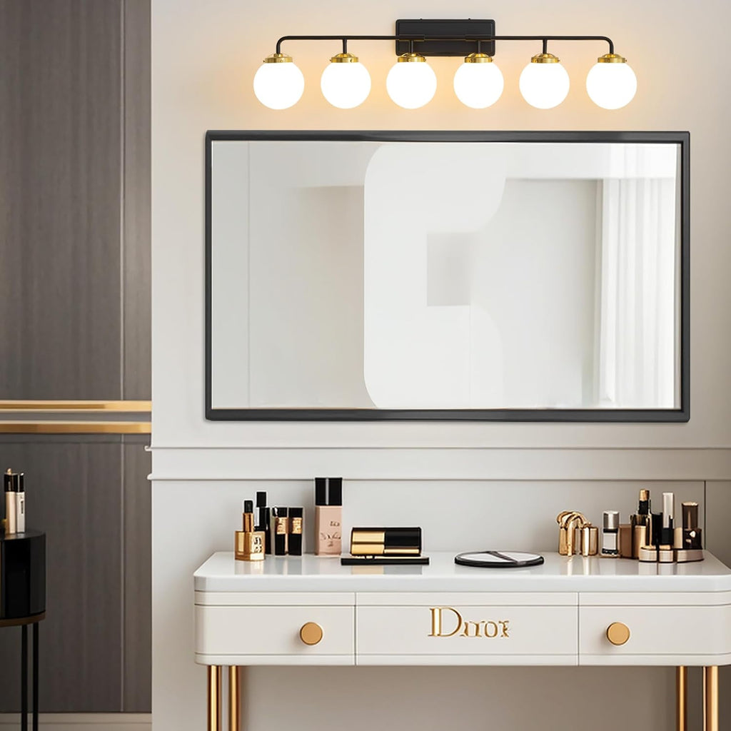 Black Gold Bathroom Light Fixtures Over Mirror, Modern Vanity Lighting with Milk White Glass Globe Shades 6-Light Farmhouse Wall Sconce