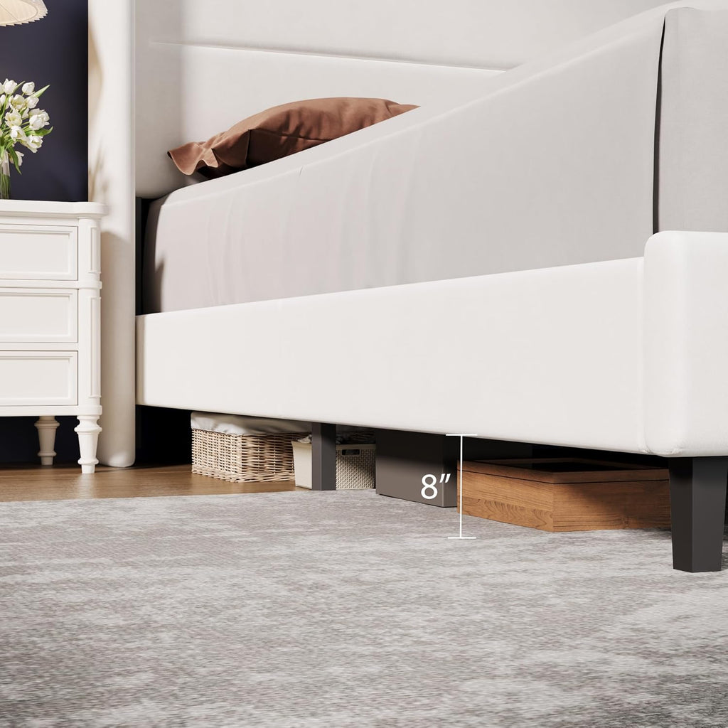 GAOMON King Size Bed Frame, Velvet Upholstered Platform Bedframe with Wingback Headboard, No Box Spring Needed, Wood Slats, Easy Assembly, White