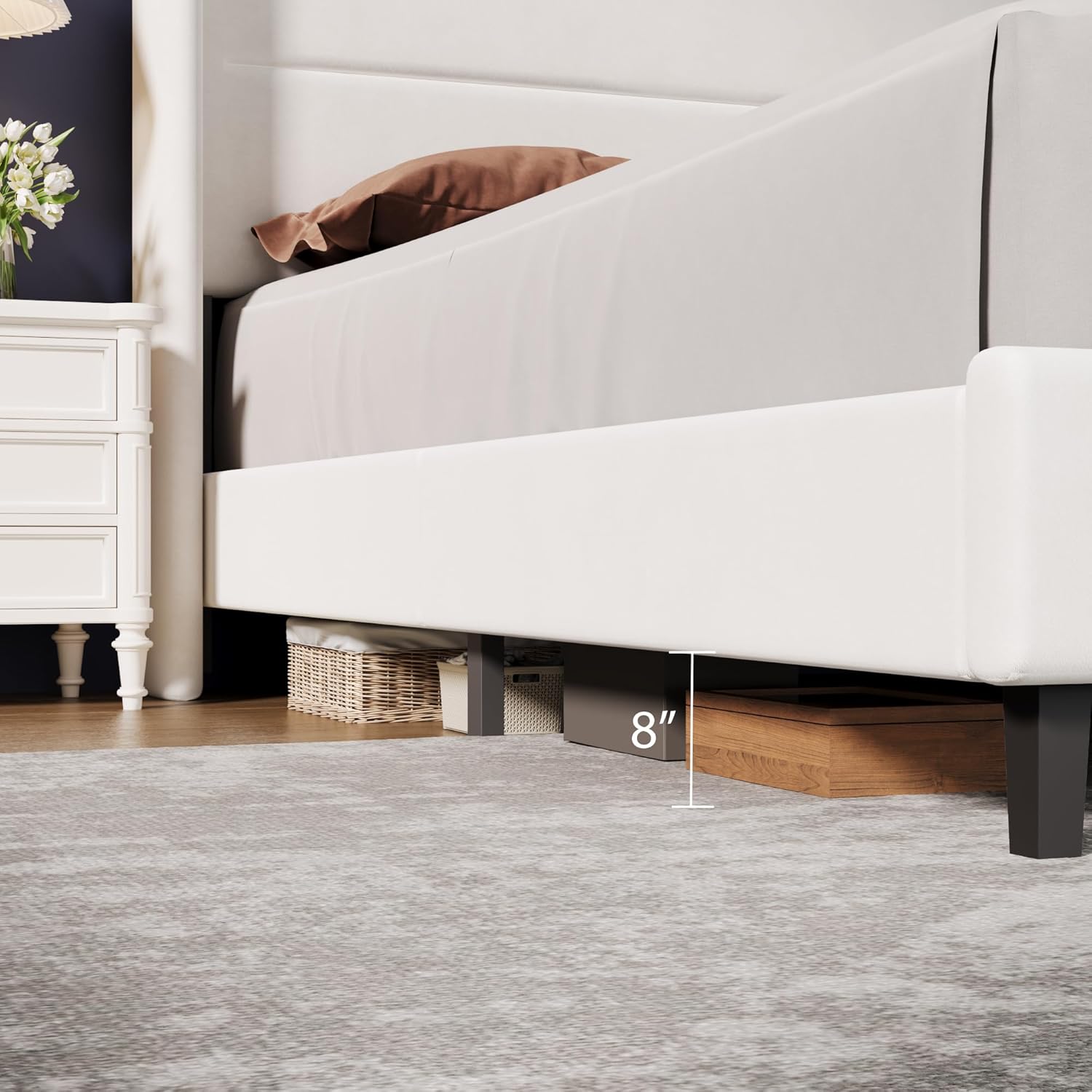 GAOMON King Size Bed Frame, Velvet Upholstered Platform Bedframe with Wingback Headboard, No Box Spring Needed, Wood Slats, Easy Assembly, White