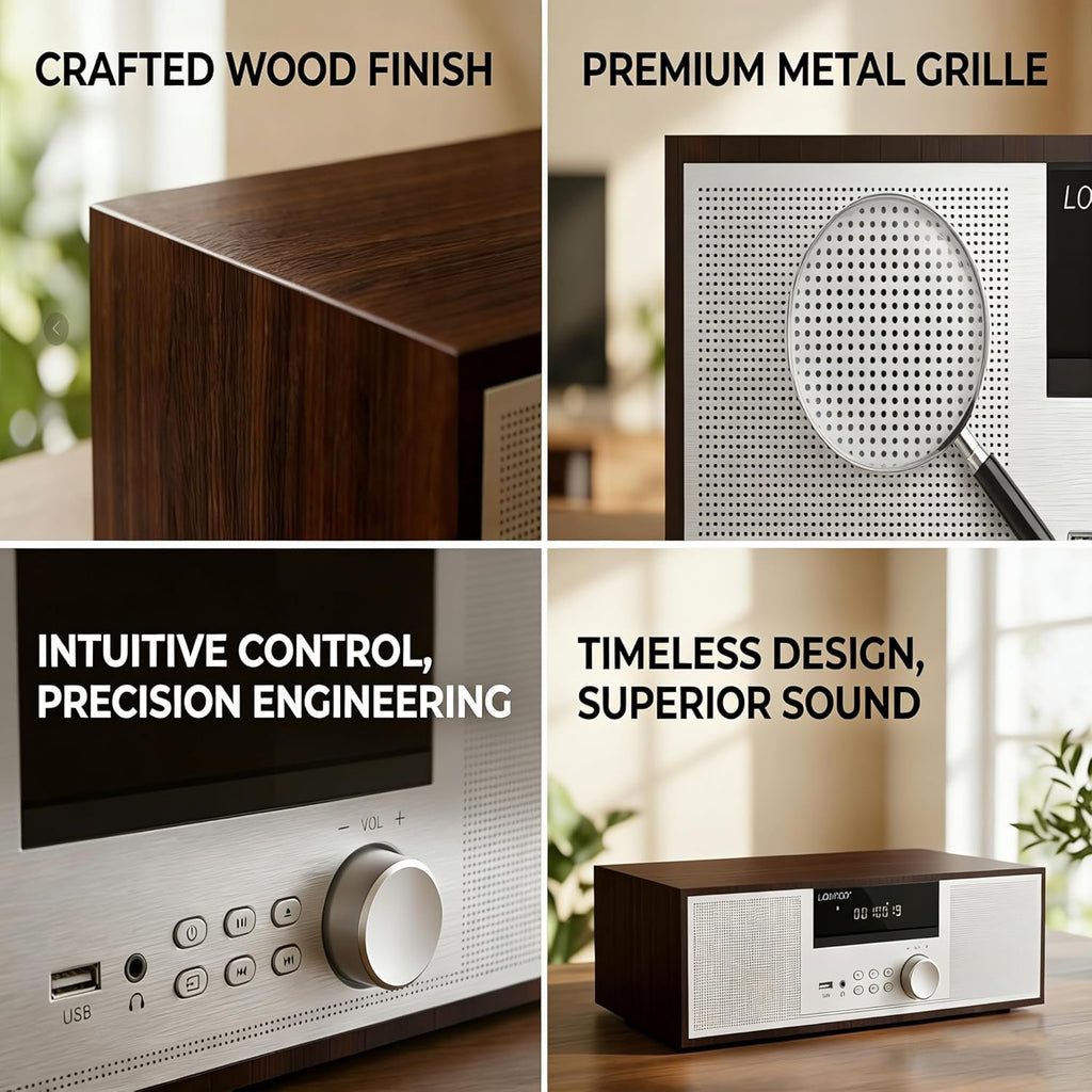 LONPOO Stereo Shelf System for Home, Vintage CD Player 40W RMS Micro Mini System with Remote Control, Bluetooth, FM Radio, USB MP3 Playback & Aux-in,Silver