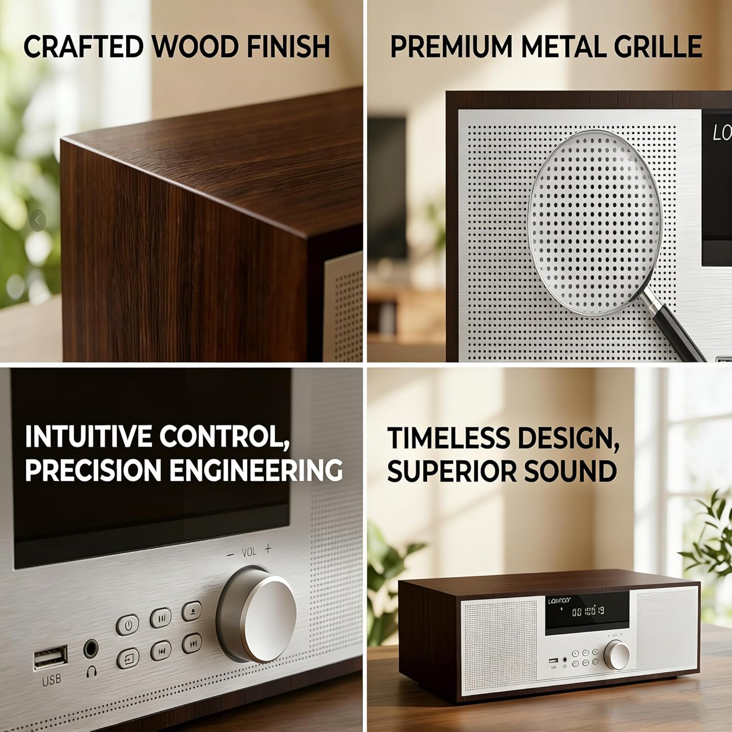 LONPOO Stereo Shelf System for Home, Vintage CD Player 40W RMS Micro Mini System with Remote Control, Bluetooth, FM Radio, USB MP3 Playback & Aux-in,Silver