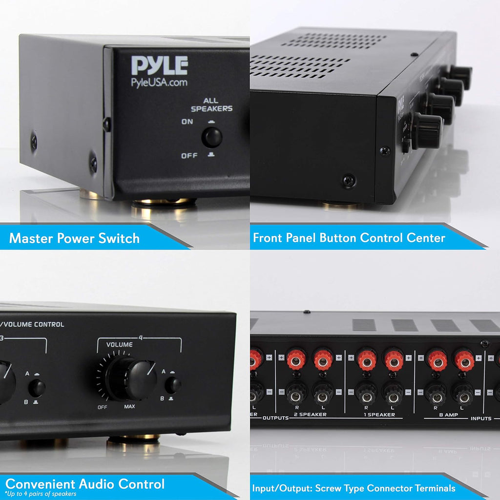 Pyle 4 Channel Speaker Selector Switch - Multi Zone A B Speaker Distribution Controller Box w/Independent Audio Source Volume Control, Supports Home Theater Stereo Amplifier Receiver System - PSLSW4