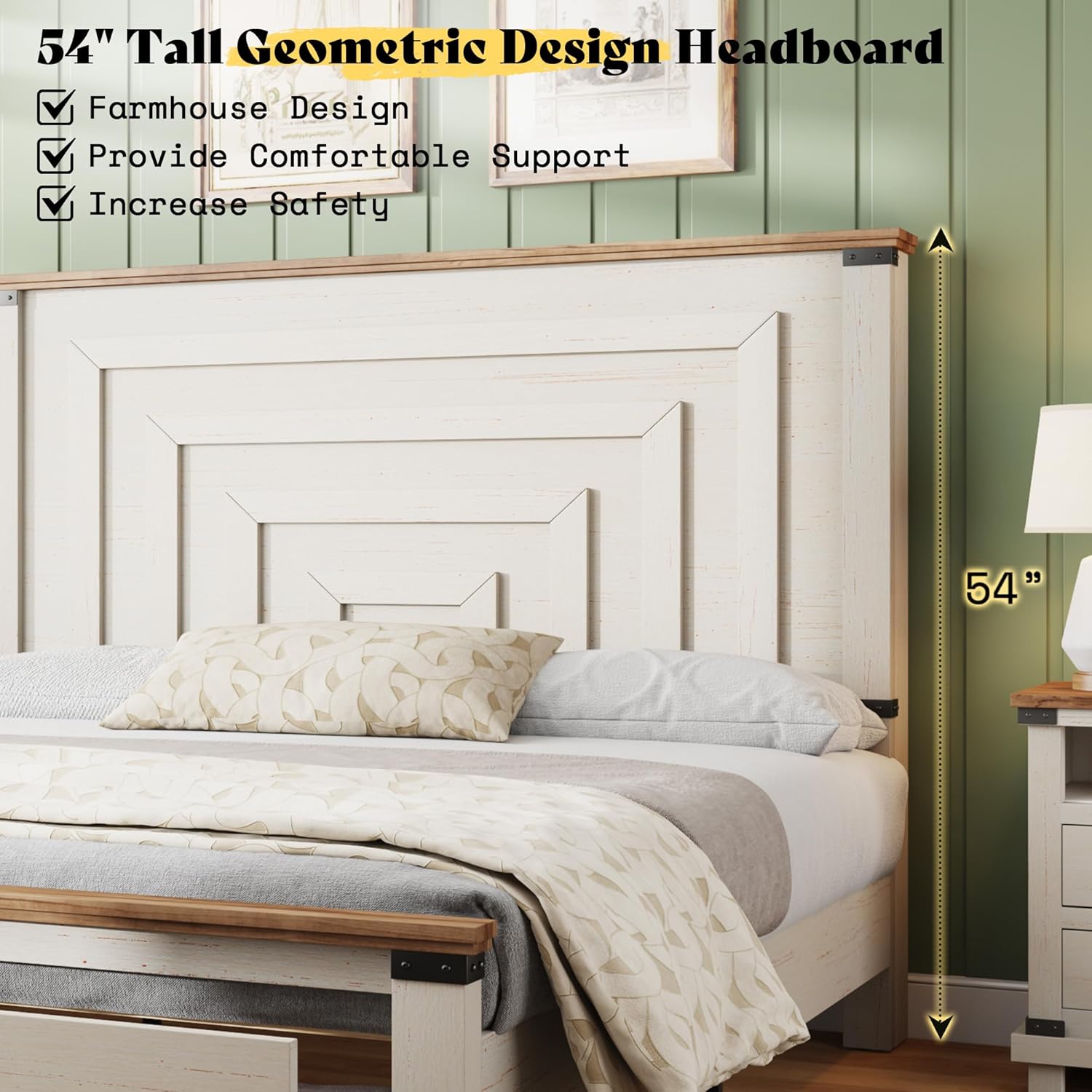 AMERLIFE Queen Bed Frame with Drawers, 54" Tall Headboard, Wood Platform Bed, No Box Spring Needed, Farmhouse Bedframe for Bedroom, Rustic White