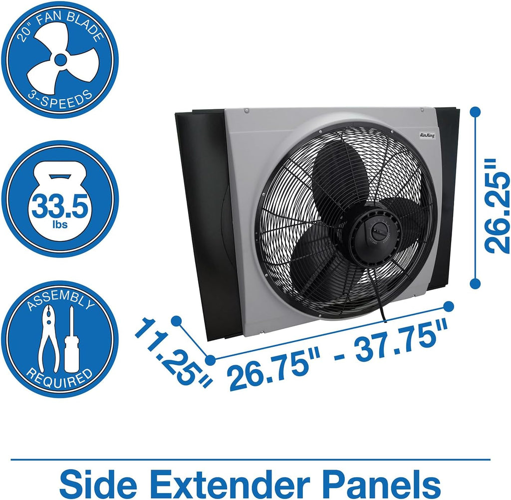 Air King 20" 1/6 HP Whole House Window Fan with 3-Speeds and Storm Guards for Circulation and Exhausting Air, 9166, Black