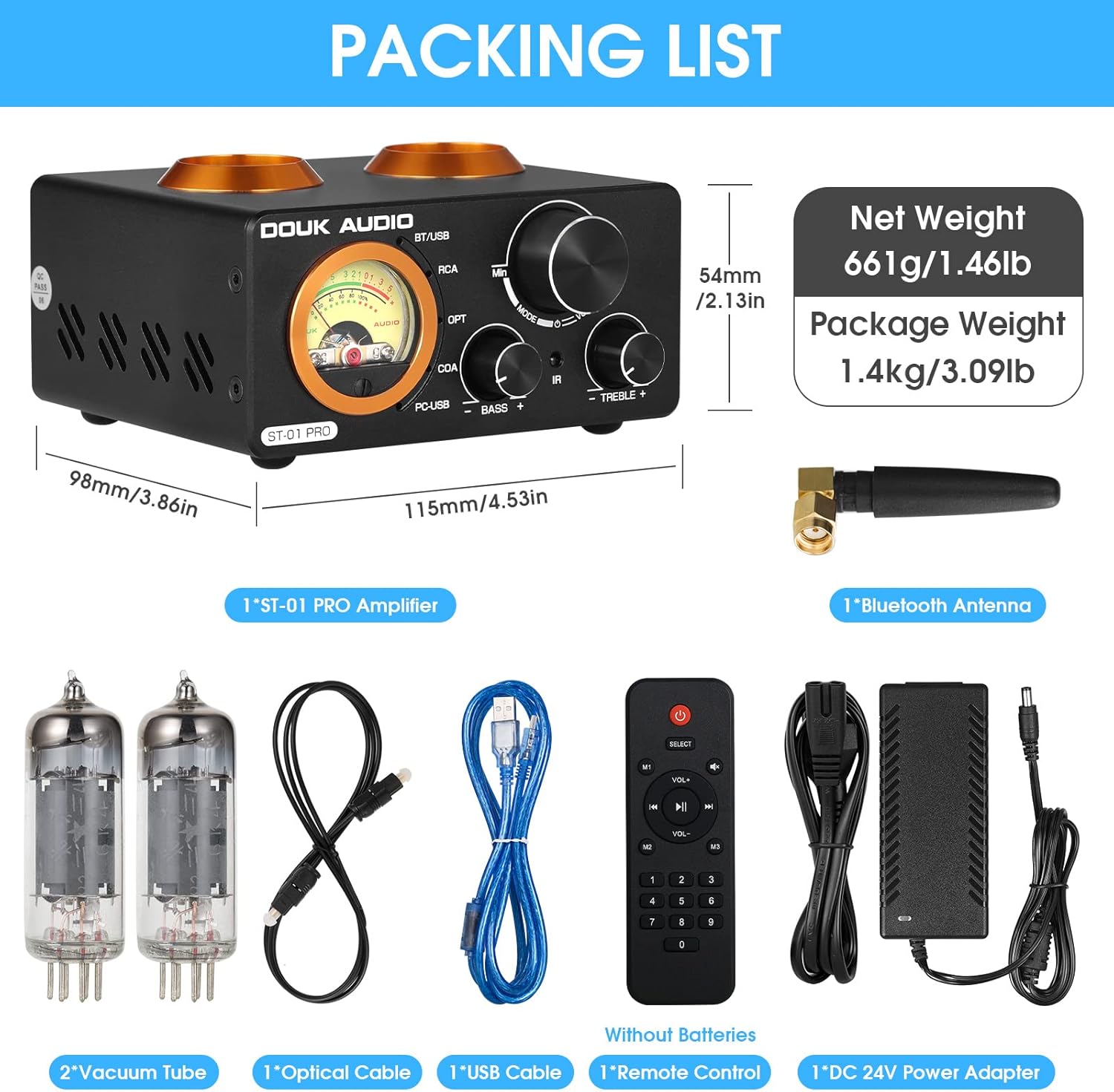 Douk Audio ST-01 PRO 200W Bluetooth Amplifier, 2 Channel Vacuum Tube Power Amp with USB DAC/Coaxial Optical Inputs/VU Meter/Treble Bass Control for Home Theater/Stereo Speakers (Upgrade Version)