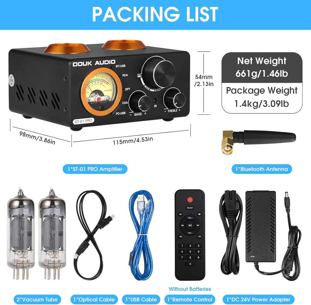 Douk Audio ST-01 PRO 200W Bluetooth Amplifier, 2 Channel Vacuum Tube Power Amp with USB DAC/Coaxial Optical Inputs/VU Meter/Treble Bass Control for Home Theater/Stereo Speakers (Upgrade Version)