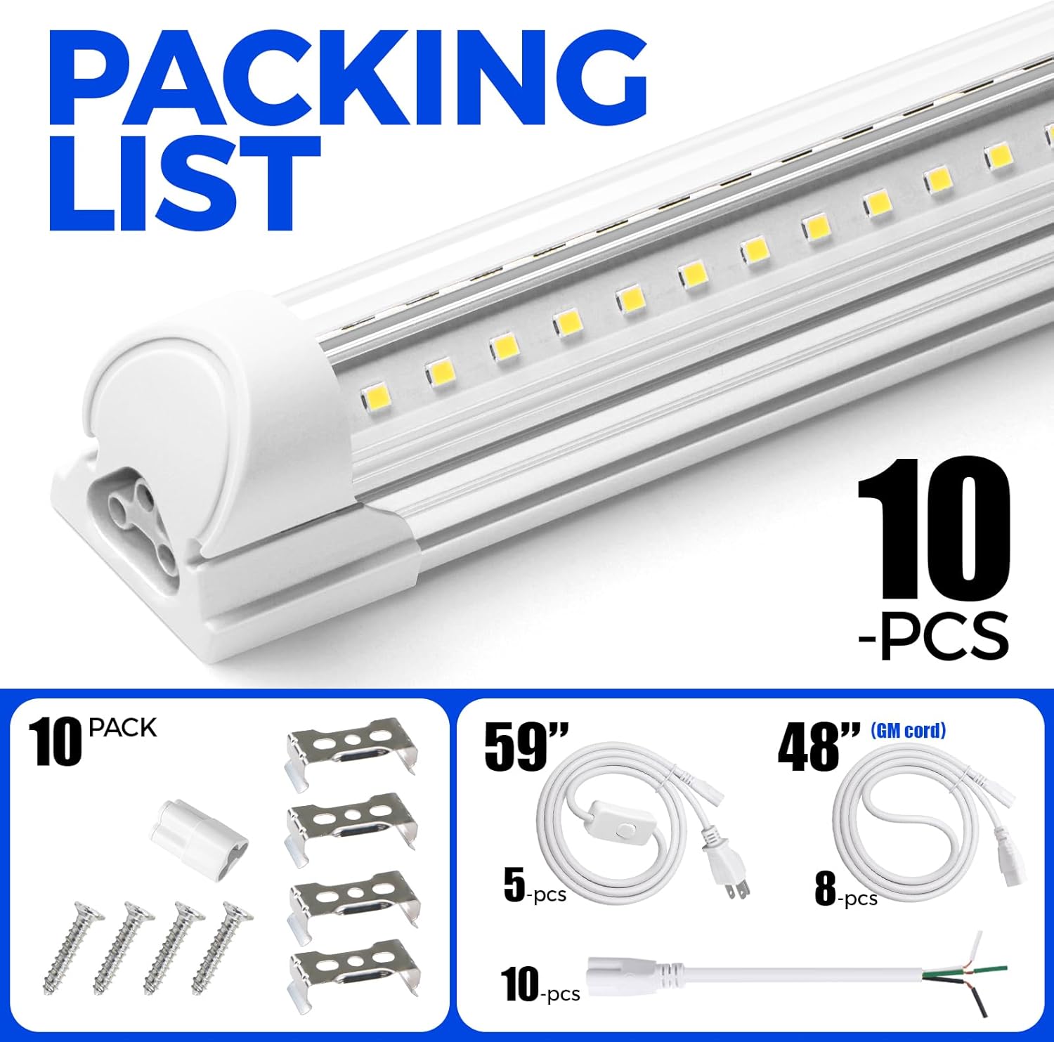 Barrina LED Shop Lights 8FT, 72W 10000LM 5000K, Daylight White, T8 LED Garage Lights, V Shape Clear Cover, High Output Tube, Linkable 8 Foot LED Strip Light for Workshop, Warehouse with Plug, 10 Packs