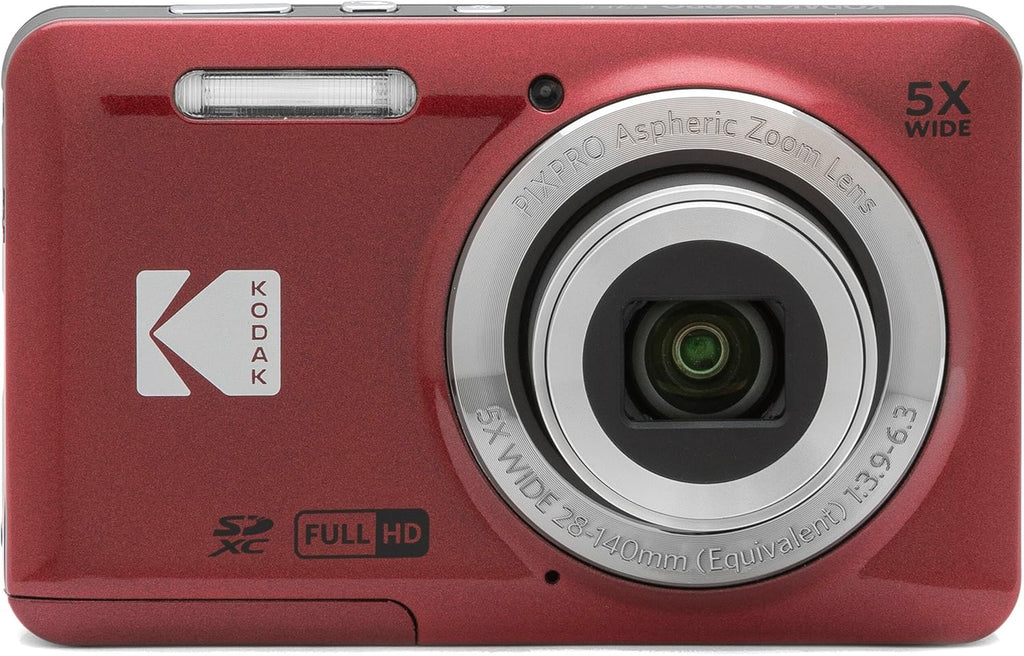 Kodak PIXPRO FZ55 Red 16MP Digital Camera 5X Optical Zoom 28mm Wide Angle 1080P Full HD Video 2.7" LCD Camera + 64GB Card and Reader + Case + Memory Wallet + Tripod + Cleaning Bundle