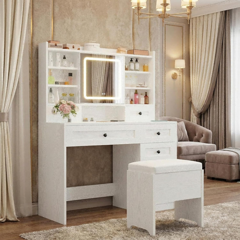 IRONCK Vanity Desk with LED Lighted Mirror, Large Storage Makeup Vanity Table with 5 Drawers, Cabinet, 7 Open Shelves, Power Outlet, Storage Stool, Bedroom, White
