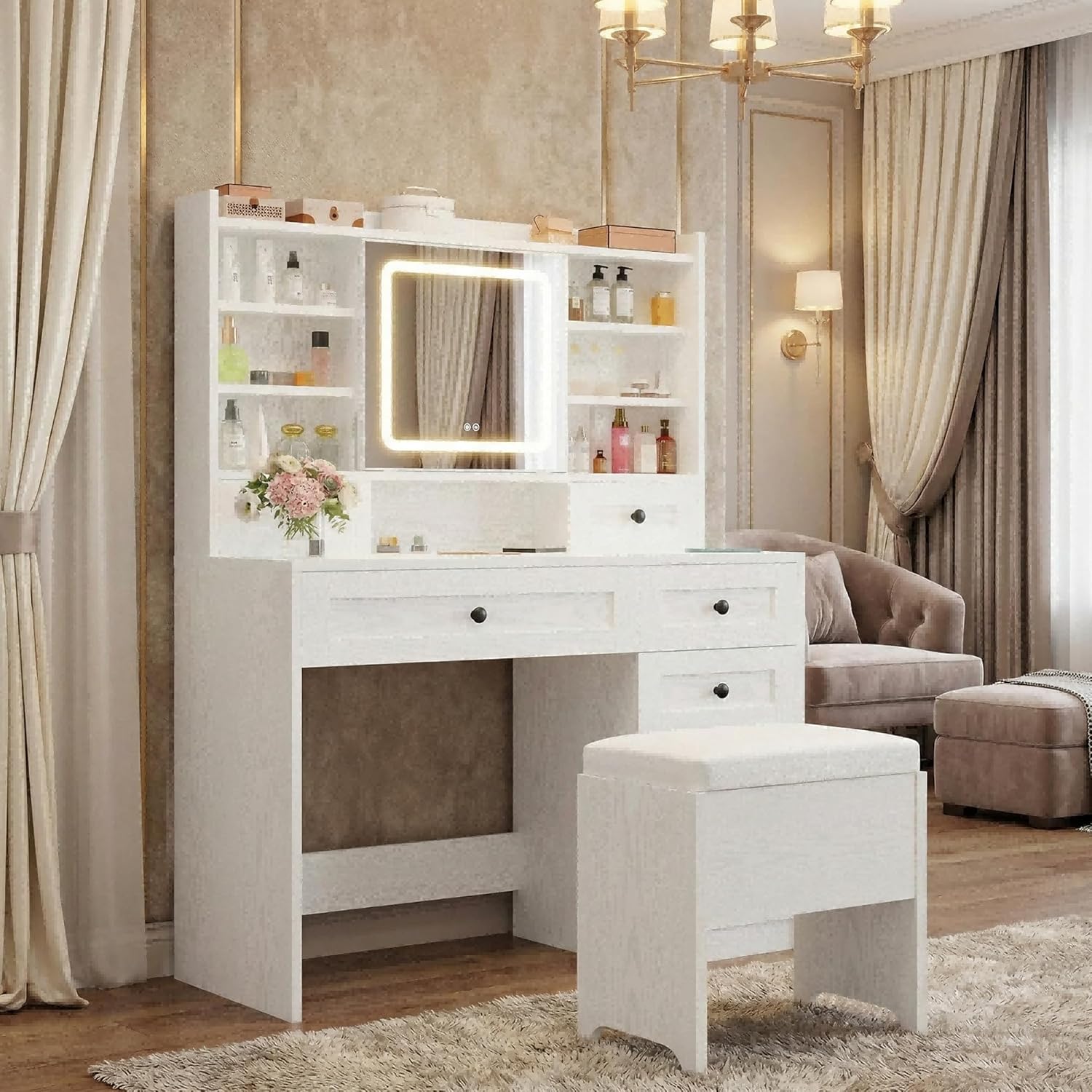 IRONCK Vanity Desk with LED Lighted Mirror, Large Storage Makeup Vanity Table with 5 Drawers, Cabinet, 7 Open Shelves, Power Outlet, Storage Stool, Bedroom, White
