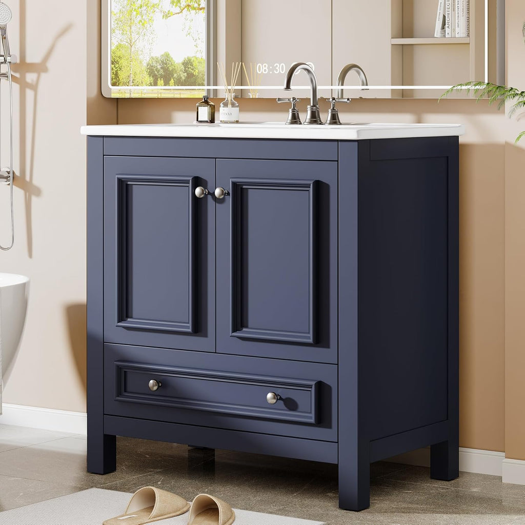 Tribesigns Modern Bathroom Vanity with Sink, Freestanding Bathroom Vanities Cabinet with Ceramic Basin Combo, Bathroom Sink Cabinet with 2 Doors and 1 Drawer, Solid Wooden Frame (Navy Blue, 30 INCH)