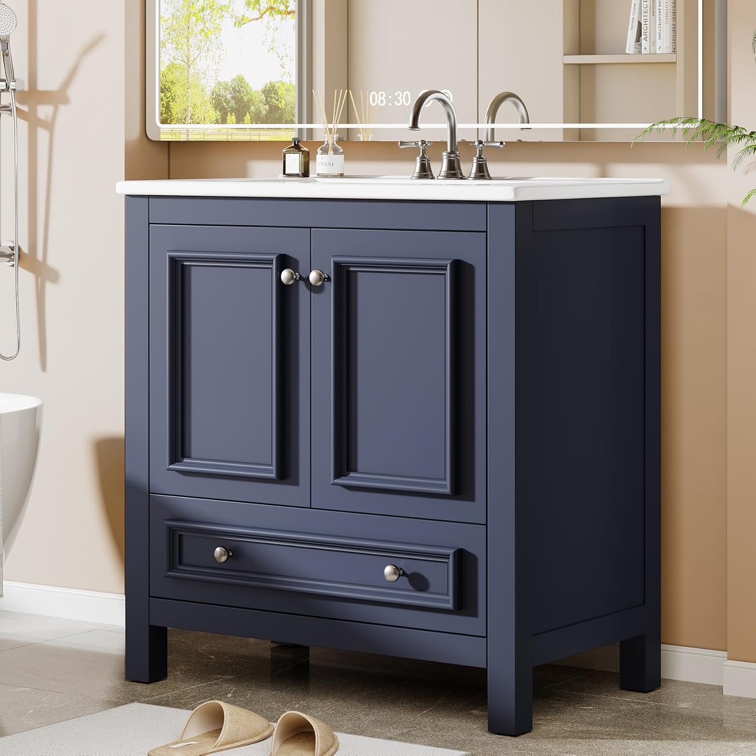 Tribesigns Modern Bathroom Vanity with Sink, Freestanding Bathroom Vanities Cabinet with Ceramic Basin Combo, Bathroom Sink Cabinet with 2 Doors and 1 Drawer, Solid Wooden Frame (Navy Blue, 30 INCH)