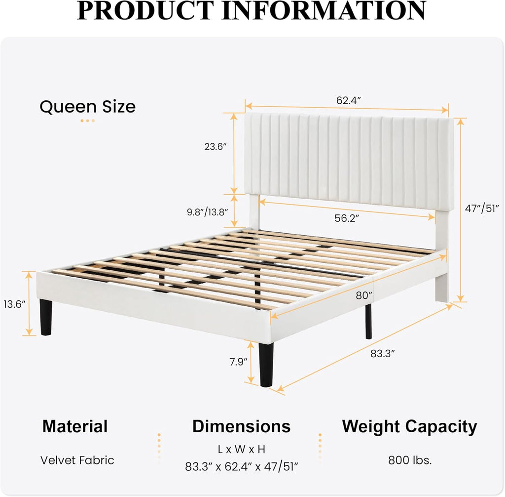 SHA CERLIN Queen Upholstered Platform Bed Frame with Vertical Channel Tufted Velvet Fabric Adjustable Headboard, Wooden Slats Support, Mattress Foundation, Box Spring Optional, White