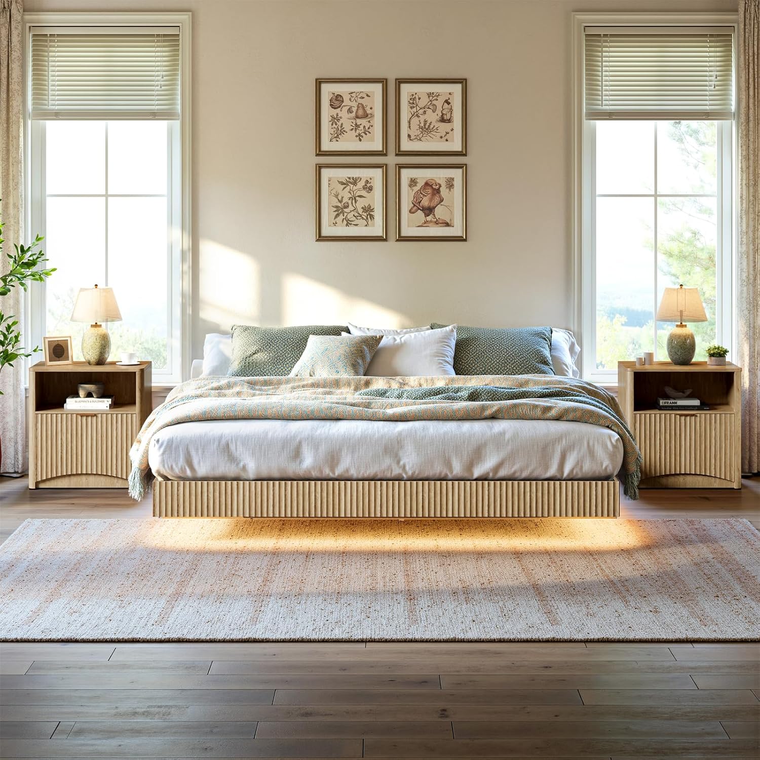 Evermagin Bedroom Furniture Set-Bed with 2 Nightstands, Mid Century Modern Bedroom Set, Floating Bed Frame Led Lights, Fluted Floating Room Furnitures, 3-Piece Room Set (Nbh, Queen)