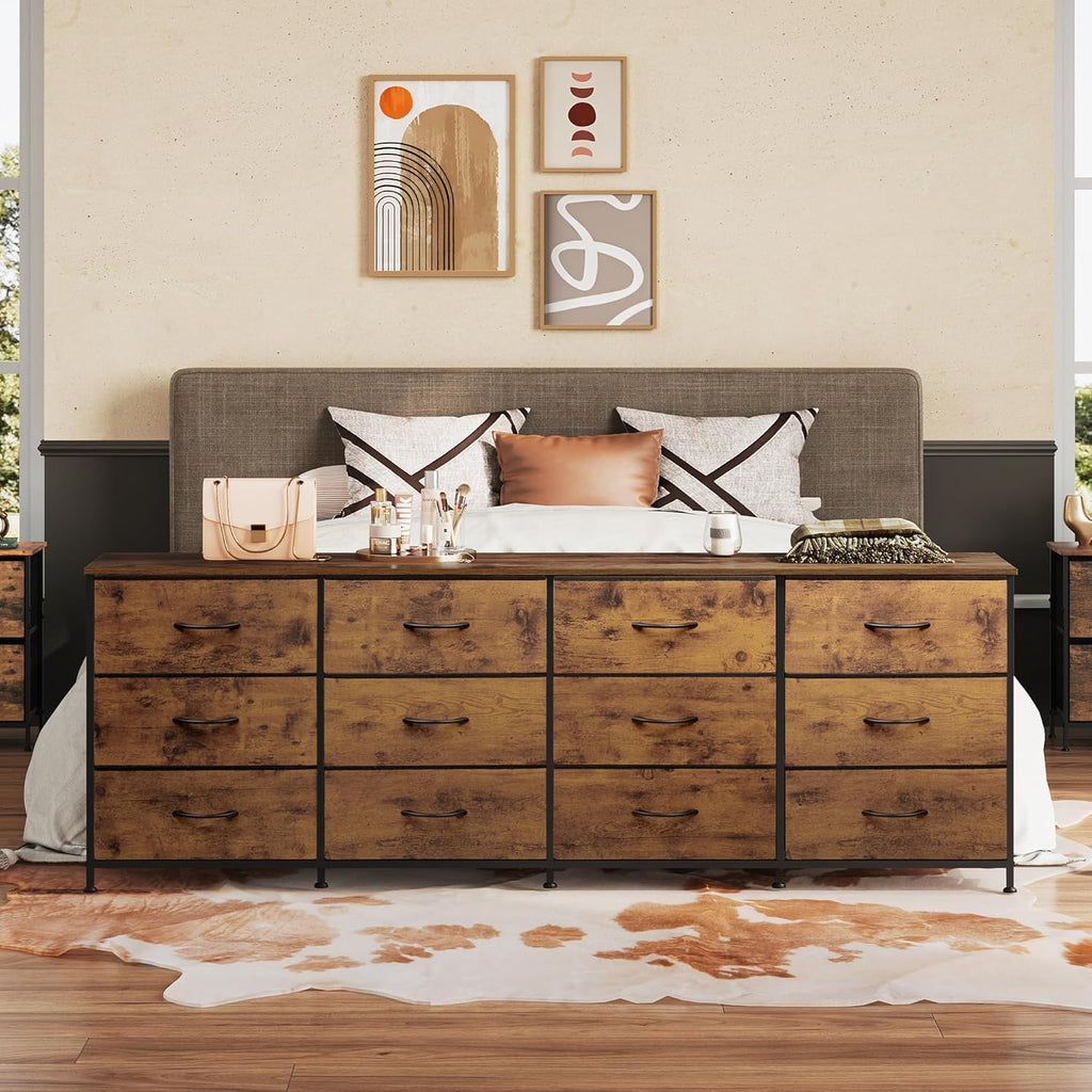 WLIVE 75.5'' Dresser for Bedroom, TV Stand for 85,80,75,65 Inch TV, 12 Drawer Long Fabric Dresser with Wood Top, Wide Entertainment Center Storage Chest for Living Room, Closet, Rustic Brown