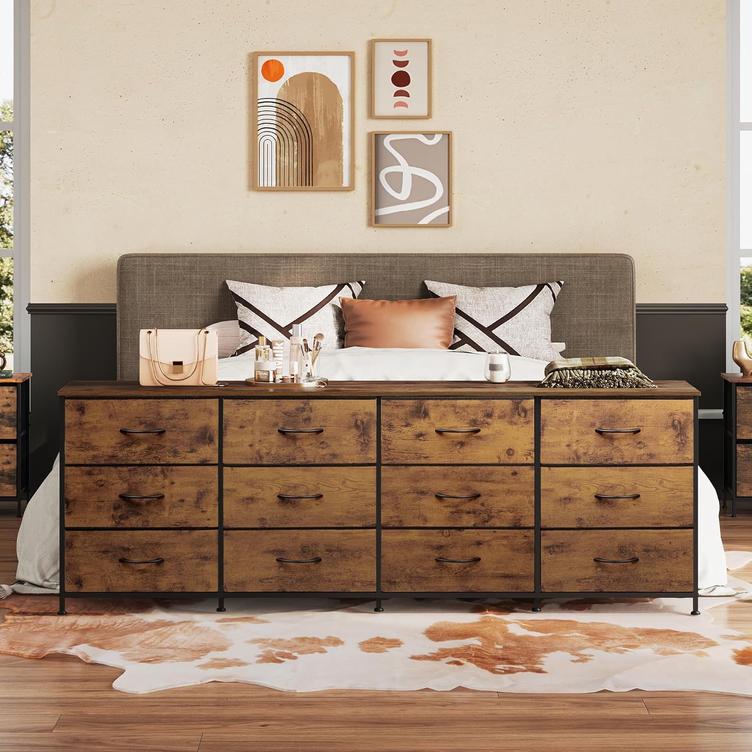 WLIVE 75.5'' Dresser for Bedroom, TV Stand for 85,80,75,65 Inch TV, 12 Drawer Long Fabric Dresser with Wood Top, Wide Entertainment Center Storage Chest for Living Room, Closet, Rustic Brown