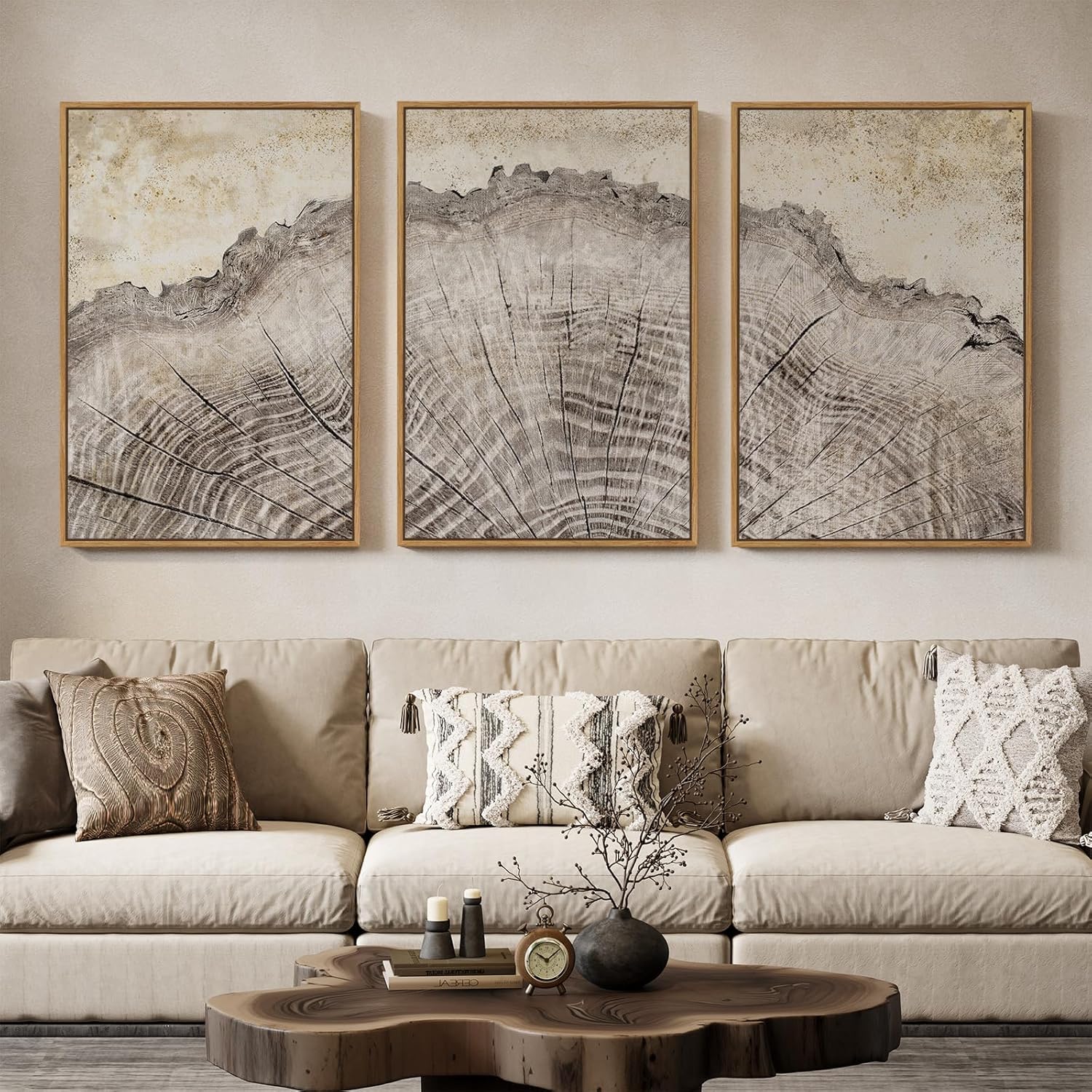 Framed Modern Farmhouse Tree Ring Wall Art for Living Room, 3 Piece Large Neutral Canvas Prints Paintings, Rustic Nature Wood Stump Pictures Artwork for Bedroom Hallway Office Walls Decor, 24x36 Inch