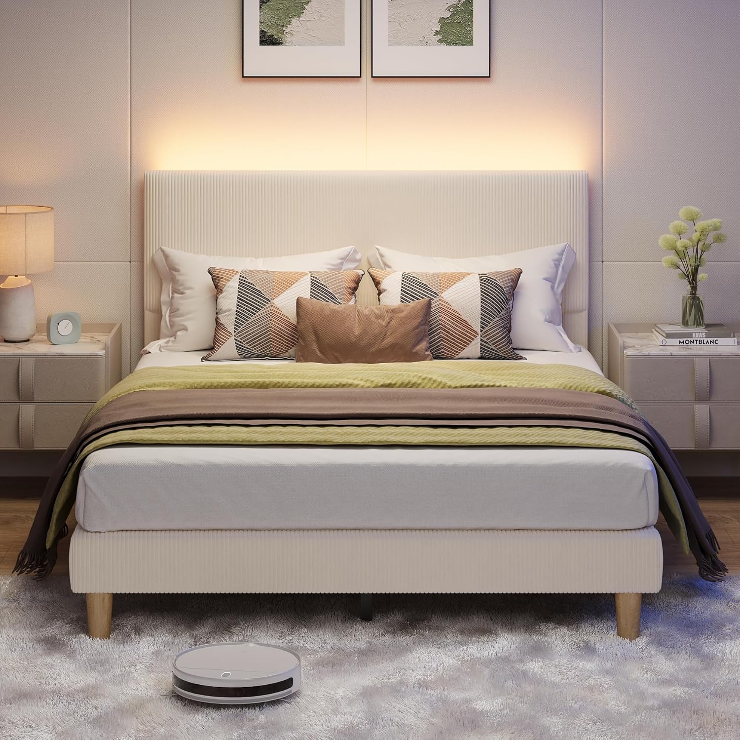 Bestier Queen Bed Frame with Headboard,Platform Queen Size Bed Frame with LED Lighting,Bed Frame Wooden Slats Support,No Box Spring Needed,Never Squeaks, Easy Assembly,Beige