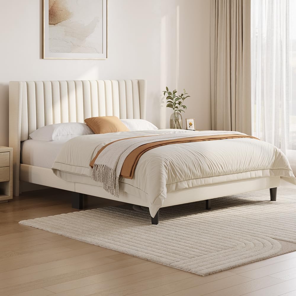 Yaheetech Queen Bed Frame Upholstered Platform Bed with Fabric Headboard, Wing Edge Design/Non-Slip and Noise-Free/Wooden Slats Support/No Box Spring Needed/Easy Assembly, Ivory Queen Bed