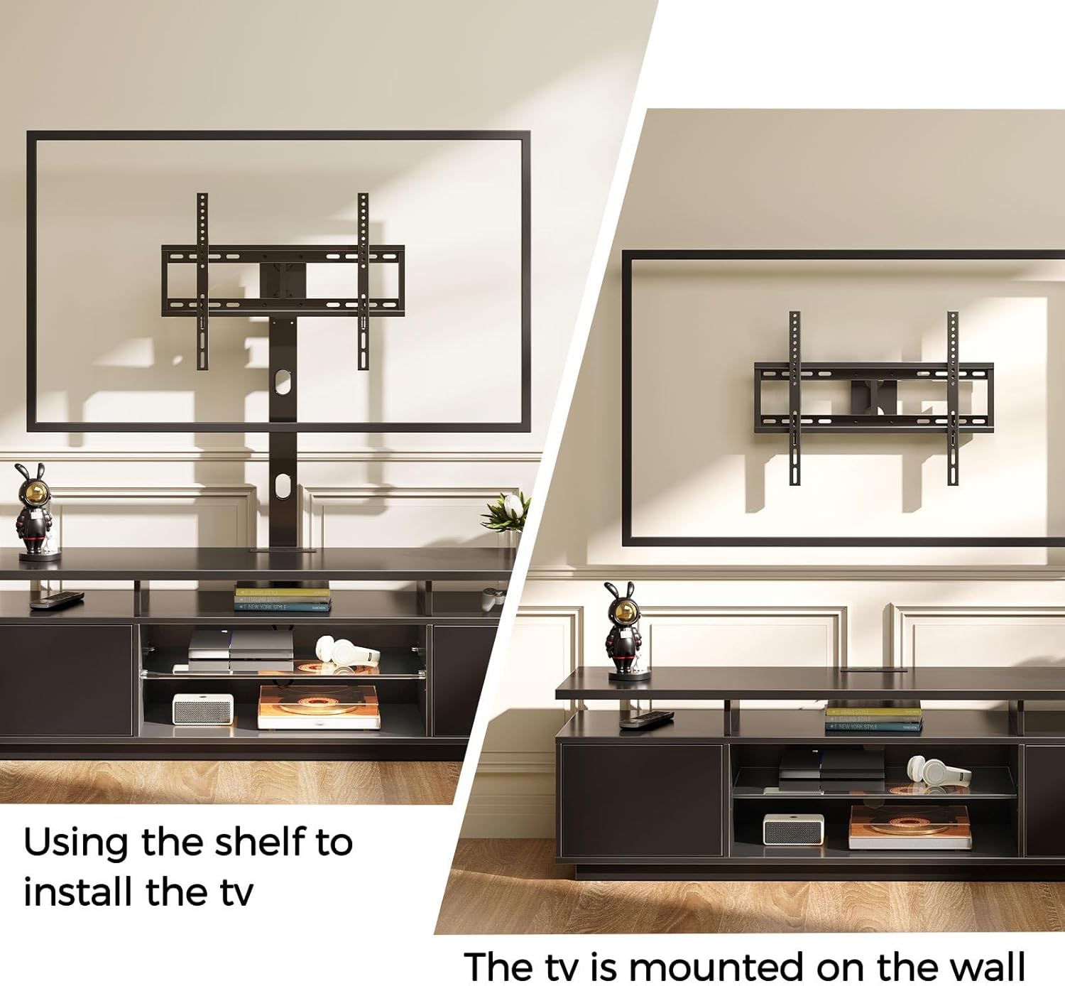 Rolanstar TV Stand with Mount and Power Outlet 51.2", Swivel TV Stand Mount for 32/45/55/60/65/70 inch TVs, Height Adjustable Modern Entertainment Center with Storage & LED Lights, TV Table Black