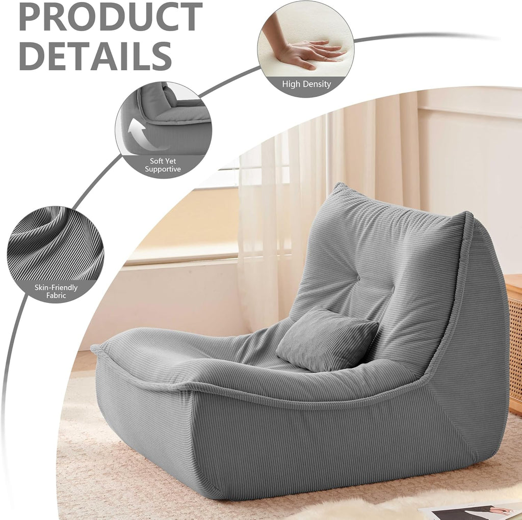 Bean Bag Chair for Adults, Single Lounge Chair with Lumbar Pillow, Comfy Floor Sofa with High-Resilience Foam, Lazy Accent Chair for Living Room, Bedroom, Apartment, Or Reading Corner, Gray