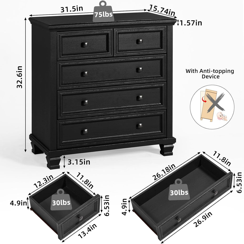 SAVOR LIFE Farmhouse Black Bedroom Sets of 4, Includes 6 Drawer Large Dresser, Vintage Night Stand with 3 Drawers, Small 5 Chest of Drawers, Wood Rustic Dresser & Nightstand Set for Bedroom, Home