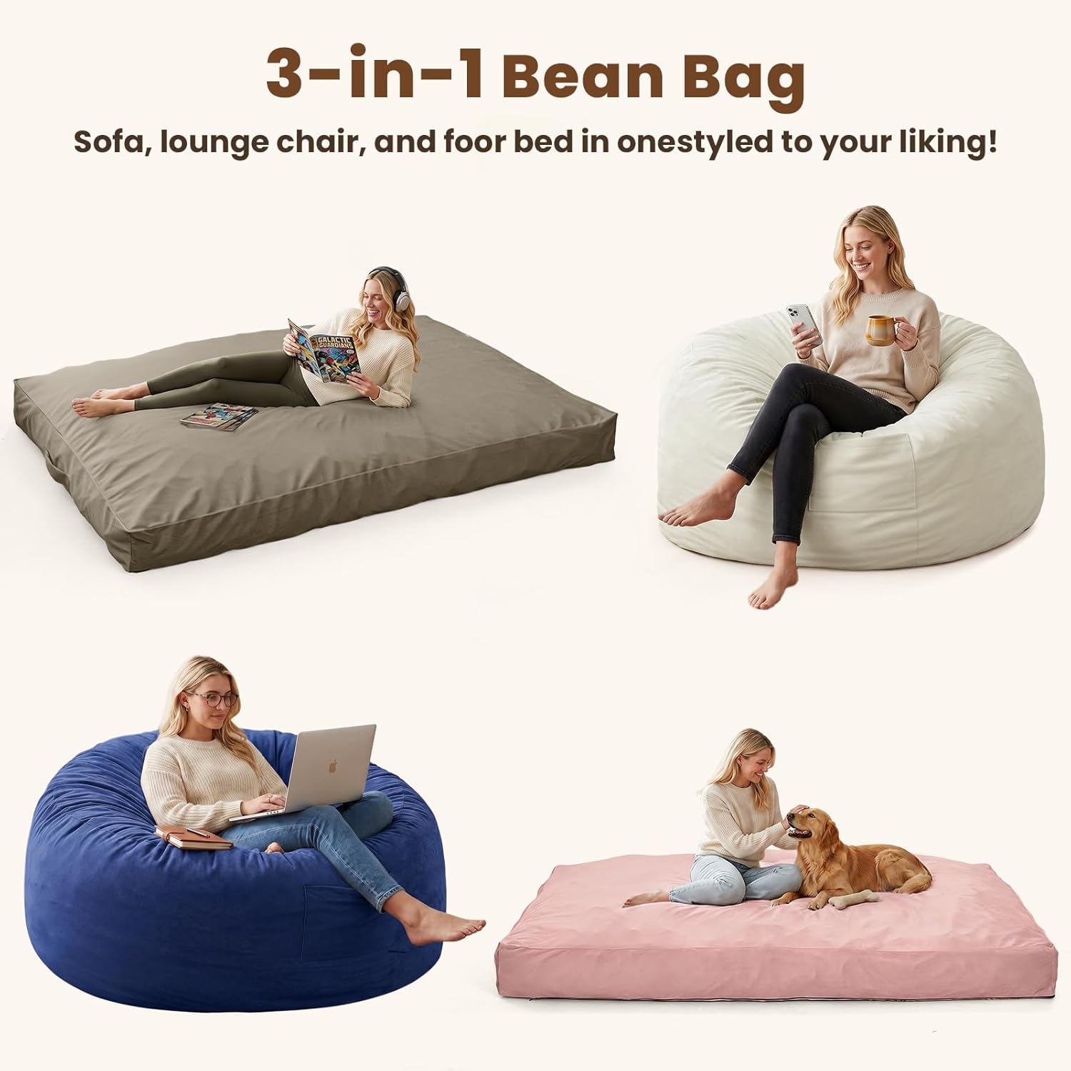 Garvee 4 in 1 Adult Bean Bag Chair, 4ft Large Beanbag Chair with High Rebound Memory Foam Filler and Removable Cover, Oversized Comfy Flannel Bean Bag Couch Bed Lazy Sofa for Adults Teens, Blue