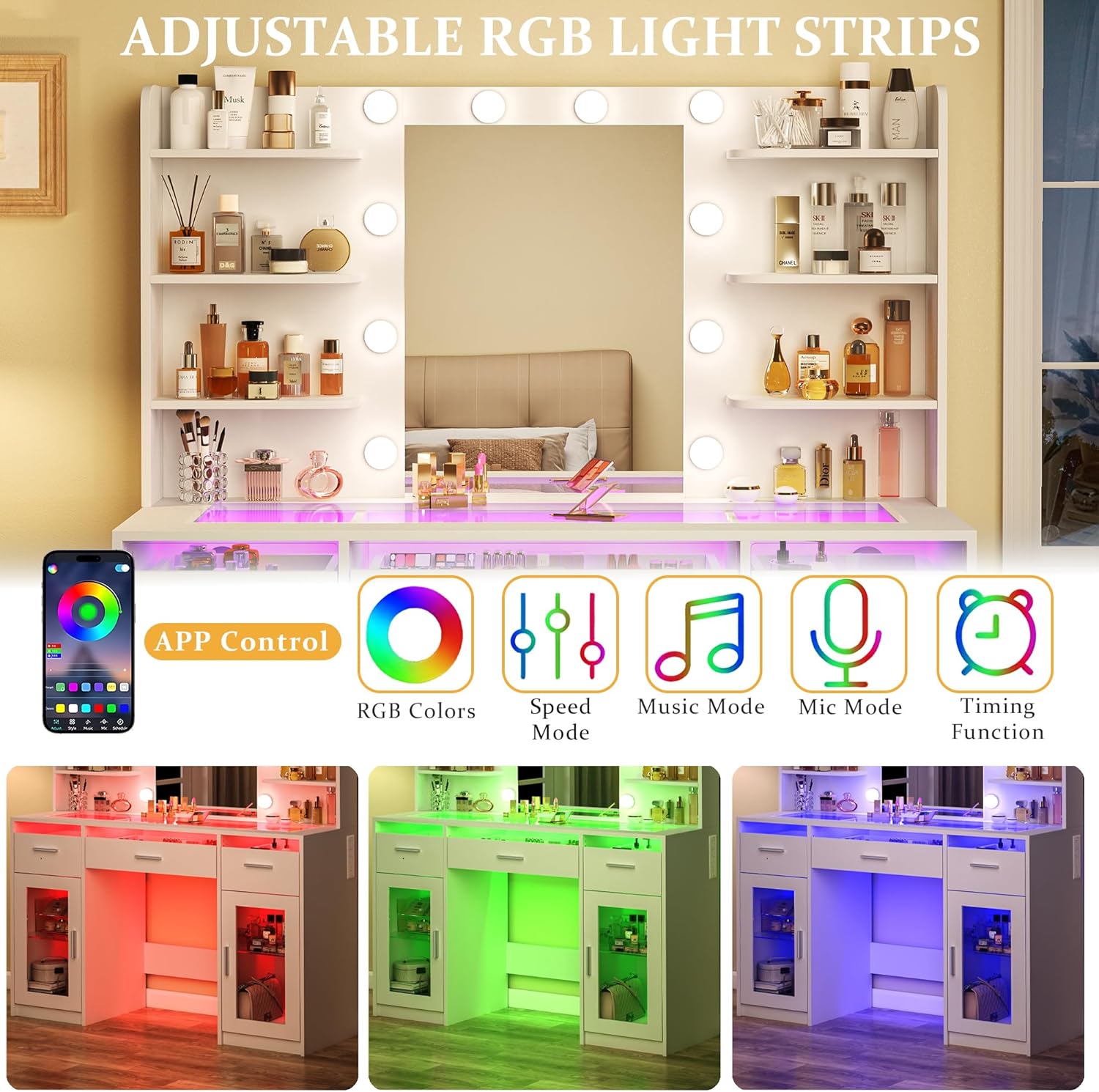 HUAHUU Vanity Desk, Makeup Vanity Desk with Mirror and Lights 3 Colors, Transparent Top with 3 RGB Drawers, 6 Shelves, 2 Large Tempered Cabinets, Power Outlet, for Bedroom, White