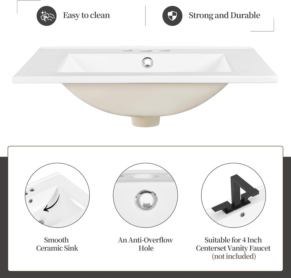Yaheetech 24" Modern Bathroom Vanity with Sink, Bathroom Sink Cabinet with Rectangular Ceramic Basin, Bathroom Vanities Cabinet with 2 Doors and 1 Open Shelf, White