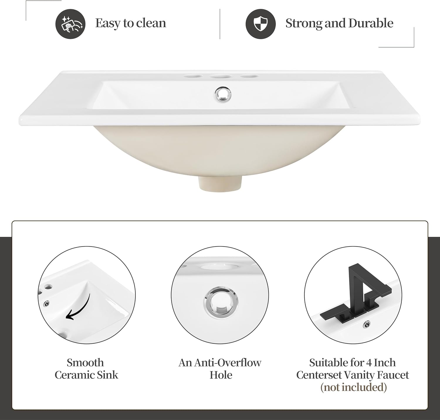 Yaheetech 24" Modern Bathroom Vanity with Sink, Bathroom Sink Cabinet with Rectangular Ceramic Basin, Bathroom Vanities Cabinet with 2 Doors and 1 Open Shelf, White