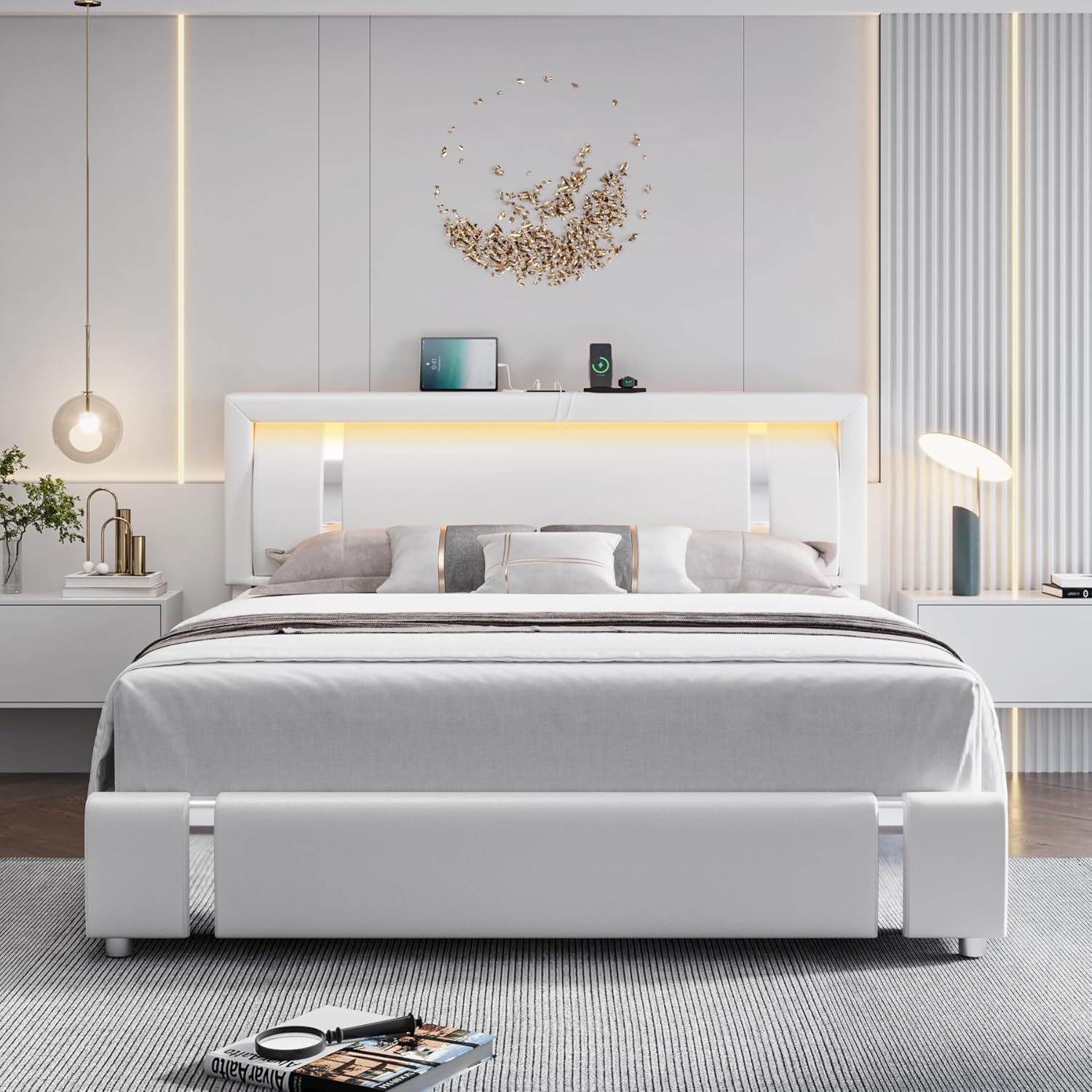 Keyluv King Size Bed Frame with RGB LED Lights & 2 Storage Drawers, Modern Upholstered Platform Bed with Iron Metal Decor, USB Charging Ports, White