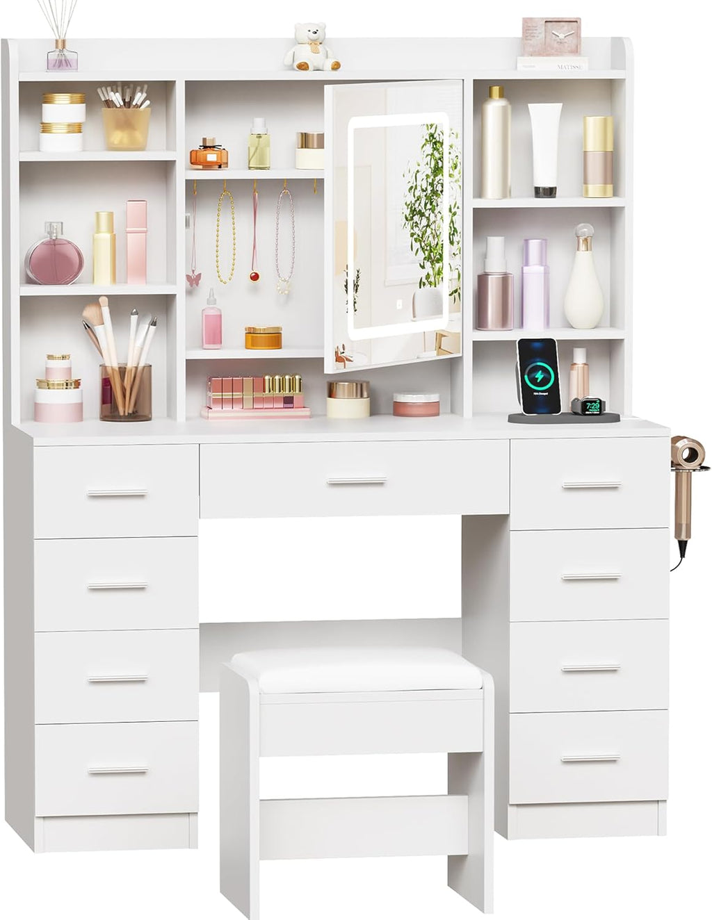 BEWISHOME Vanity Desk with Mirror and Lights, Makeup Vanity Table with Power Outlet,Stool Vanity Table with 9 Drawers 6 Storage Shelves Jewelry Storage,Dressing Table for Bedroom Girls White FST36W