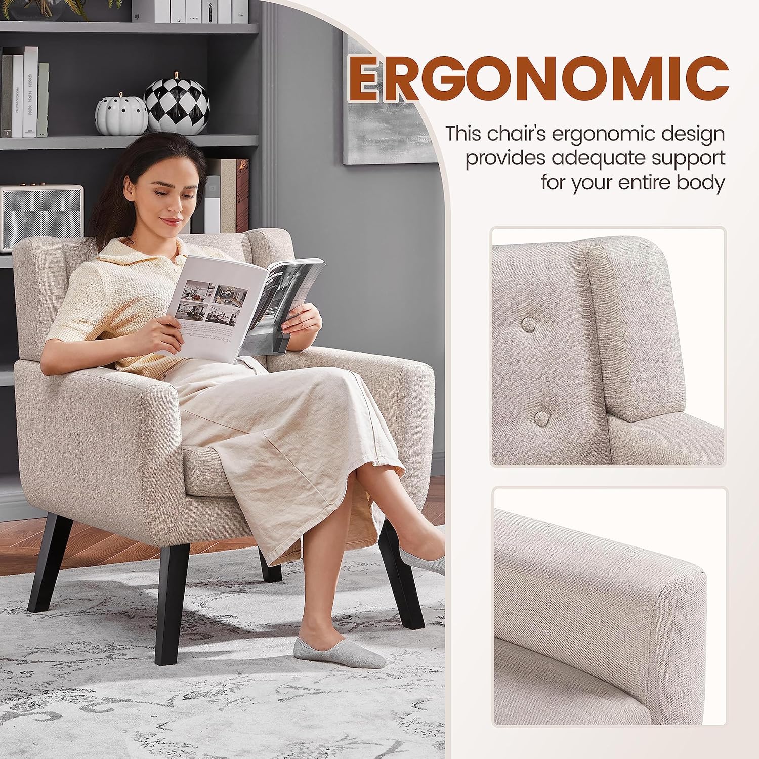 Yaheetech Accent Chair, Modern Button Tufted Armchair, Linen Fabric Sofa Chairs for Living Room Bedroom, Mid-Century Comfy Reading Chair, Beige