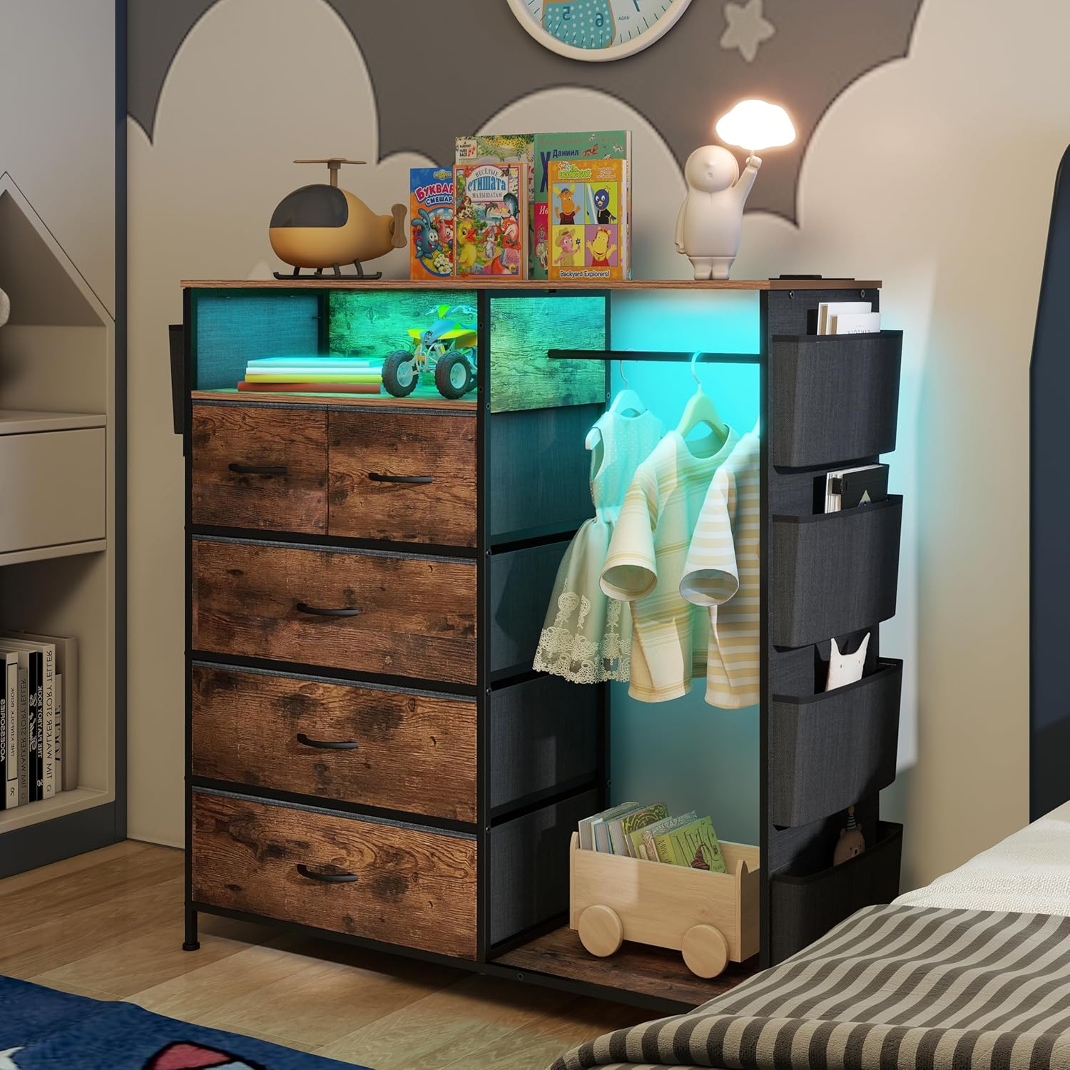 Espelism Dresser for Bedroom with Clothes Rack Side Pockets 5 Drawer Dresser with Charging Station LED Lights Black Storage Chest of Drawers for Hallway Closet Sturdy Steel Frame Wood Top (Brown)