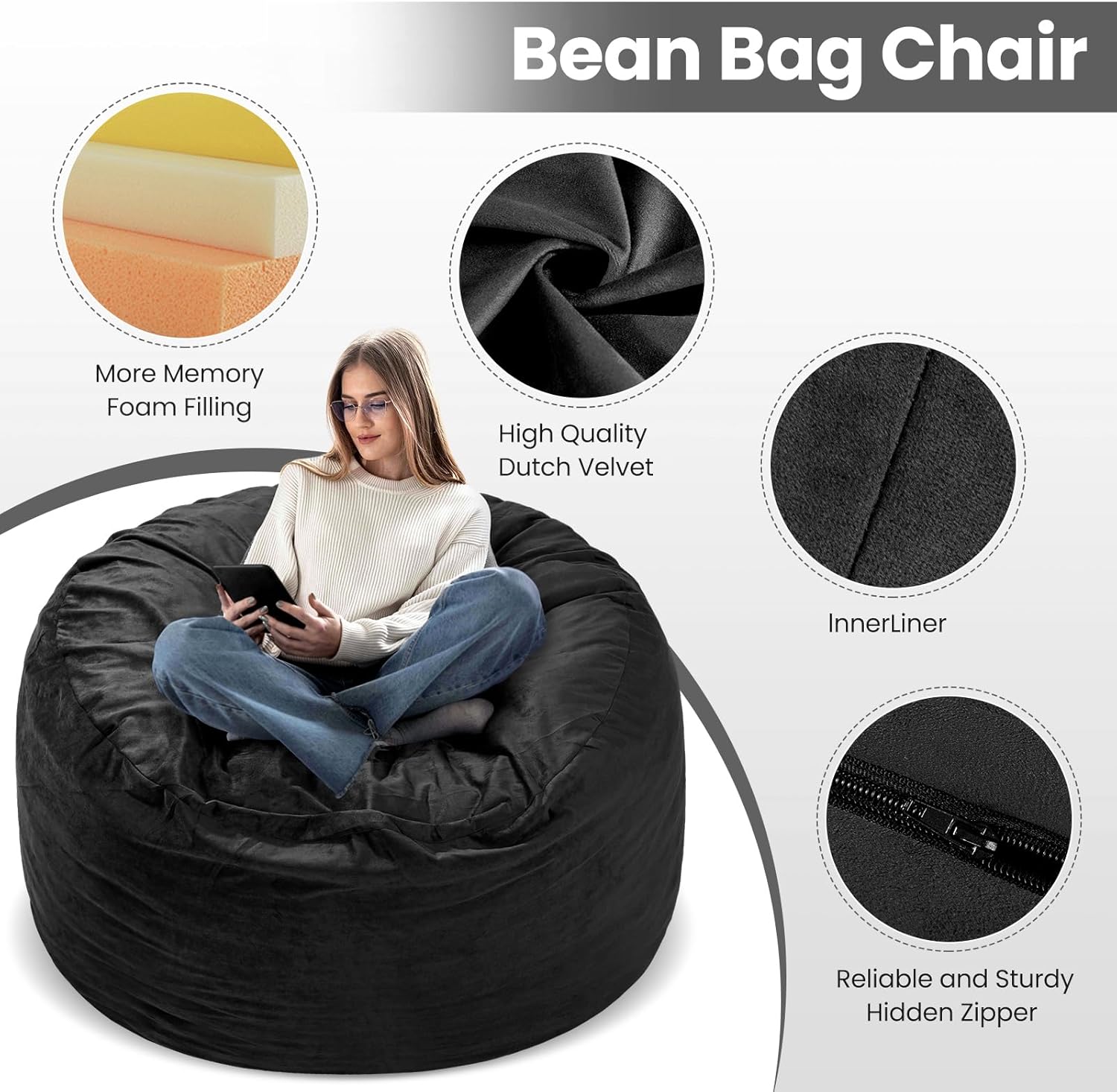 Memory Foam Bean Bag Chair, Oversized Sofa for Adults, Teens & Kids, Removable Velvet Cover, Ultra Comfortable for Gaming, Bedroom, Living Room, or Dorm(Black, 4ft w/Footstool)