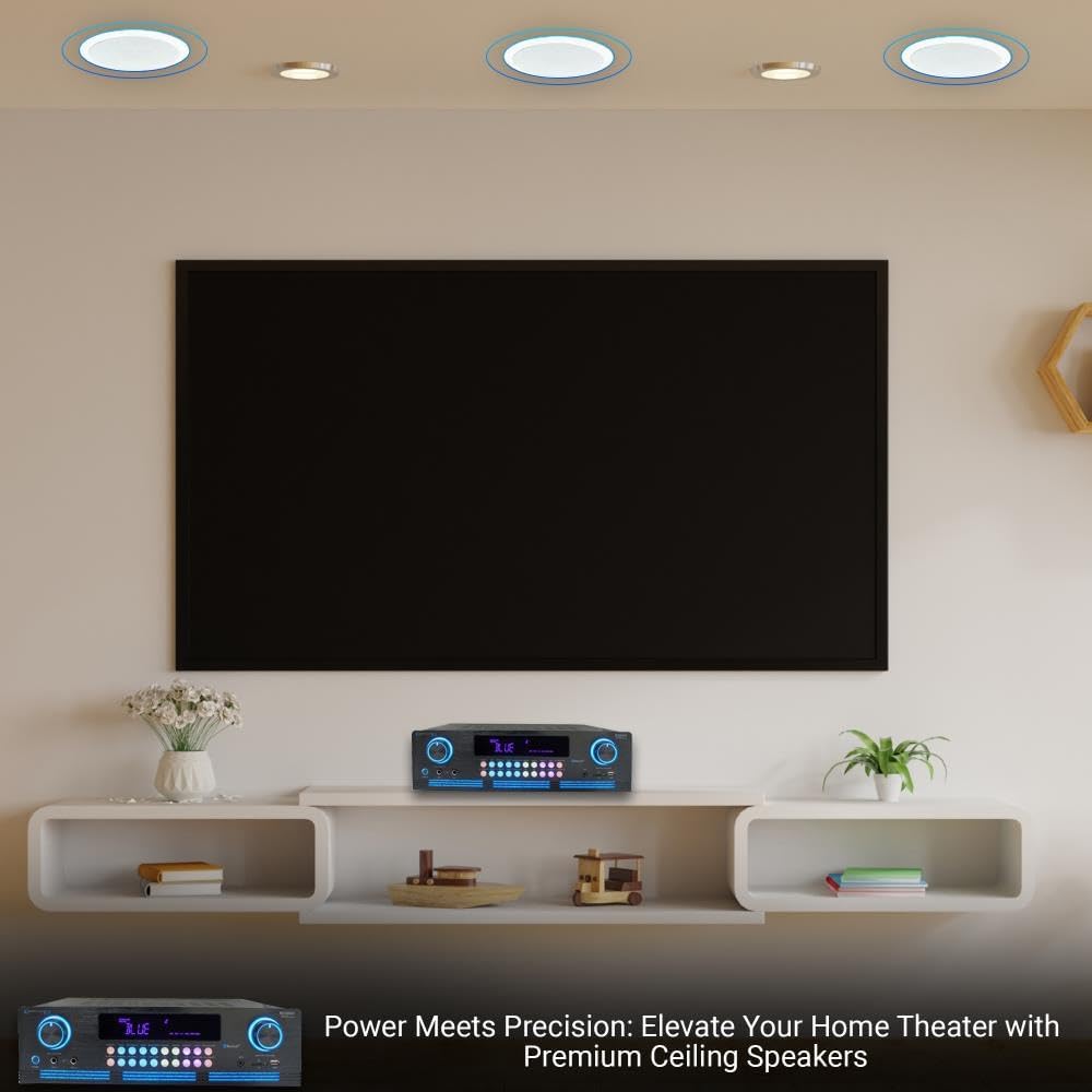Technical Pro Home Theater Sound System Kit - 2000 Watts Bluetooth Amplifier w/ 6 Qty of 8" Framed Ceiling Speakers 300 W Each, 300 ft Speaker Wire & Remote for Home, Bar, Office, Restaurant