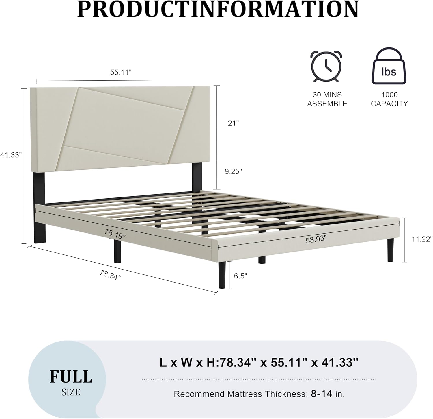 Full Size Bed Frame, Full Size Platform Bed Frame with Headboard, Upholstered Headboard, Sturdy Wooden Slats, Noiseless No Box Spring Required, Easy to Assemble, Beige
