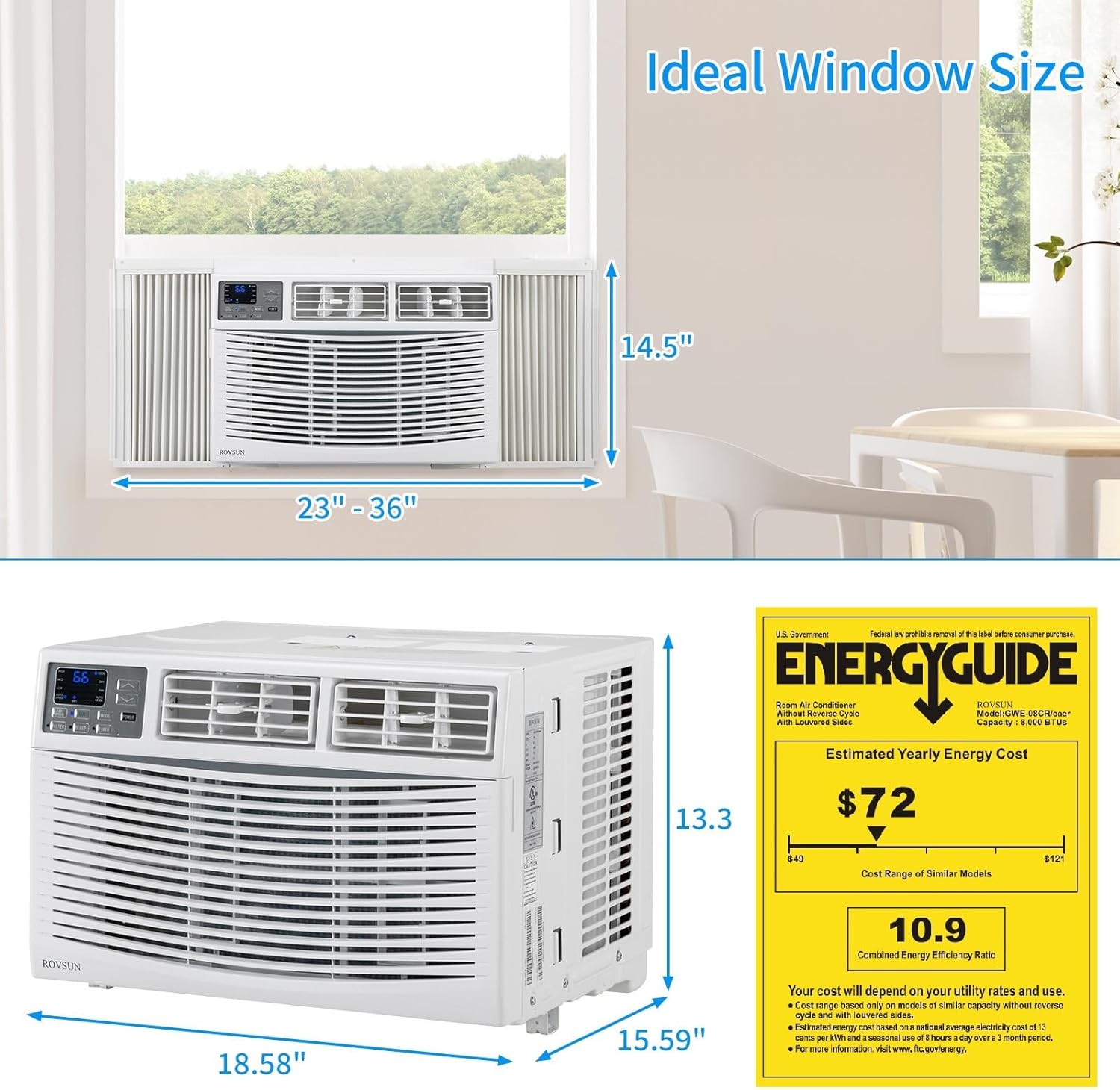 ROVSUN 8000 BTU Air Conditioner Window Unit, 3-in-1 Window AC Unit Cooler, Dehumidifier & Fan with Timer, Remote Control & Installation Kit, Cooling Rooms up to 350 Sq. Ft, 115V/60Hz