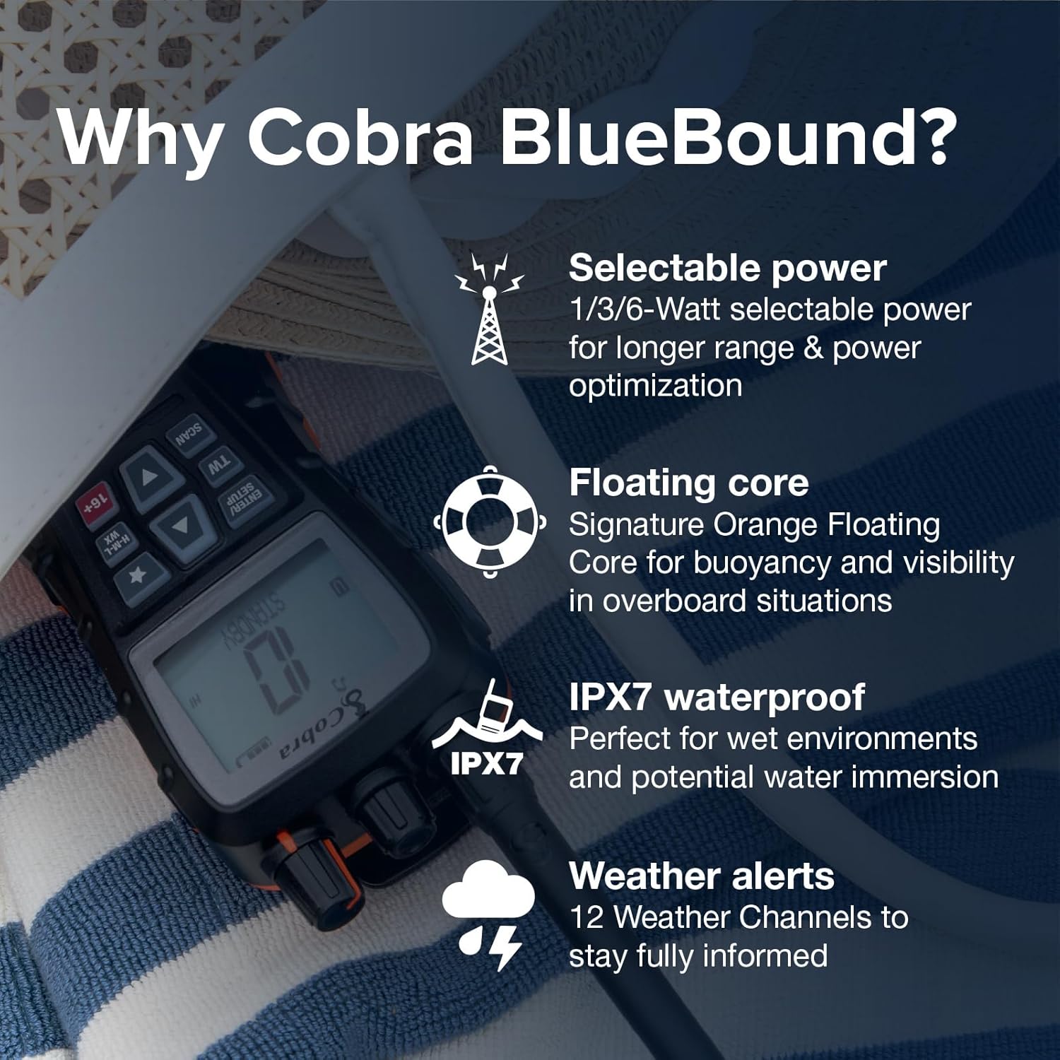 Cobra BlueBound 350 VHF Handheld Marine Radio – Black – 6-Watt, Floating, Long Range, NOAA Weather Alerts, International Functionality, IPX7 Waterproof, USB-C, Submersible, LCD Screen, Belt Clip